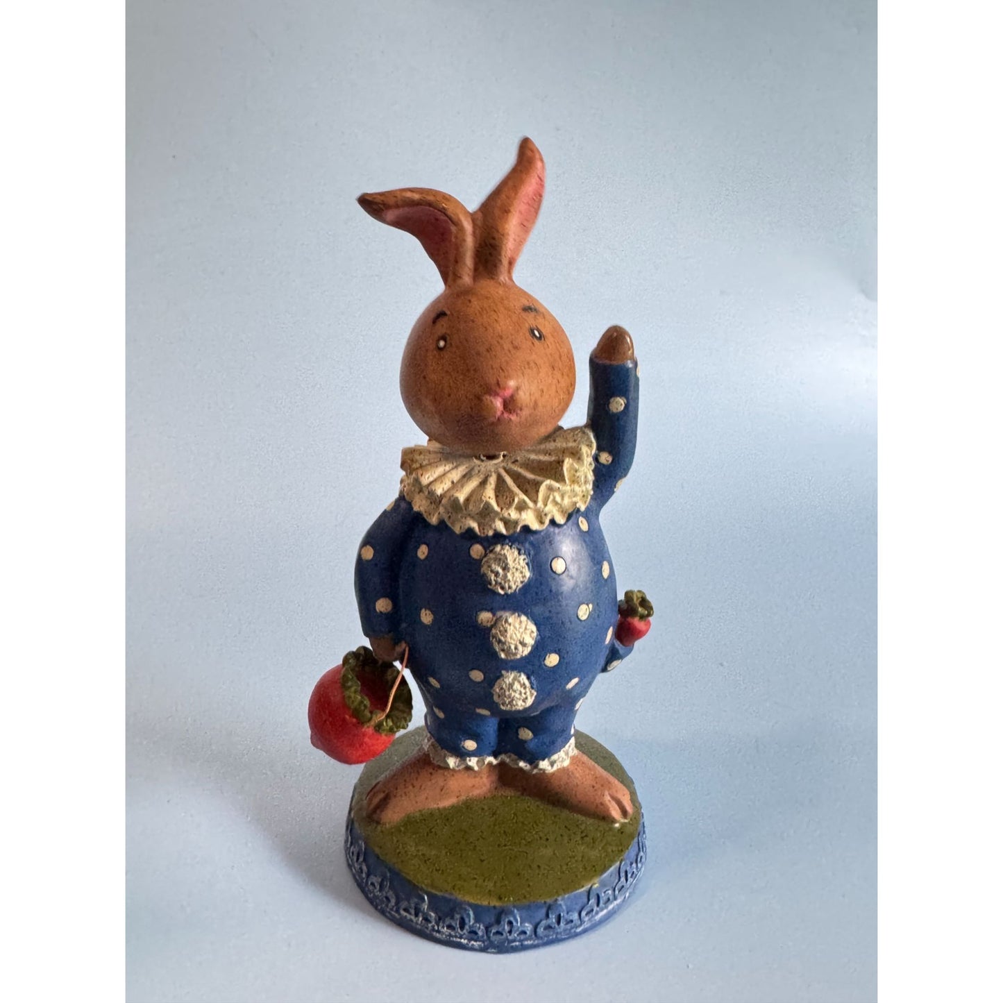 Vintage Bobblehead Bunny Figurine With Blue Polka Dot Outfit