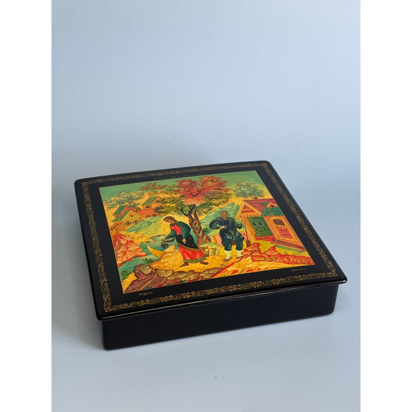 Russian Black Lacquer Trinket Box With Hand-Painted Folk Scene & Red Interior 6.5" Square
