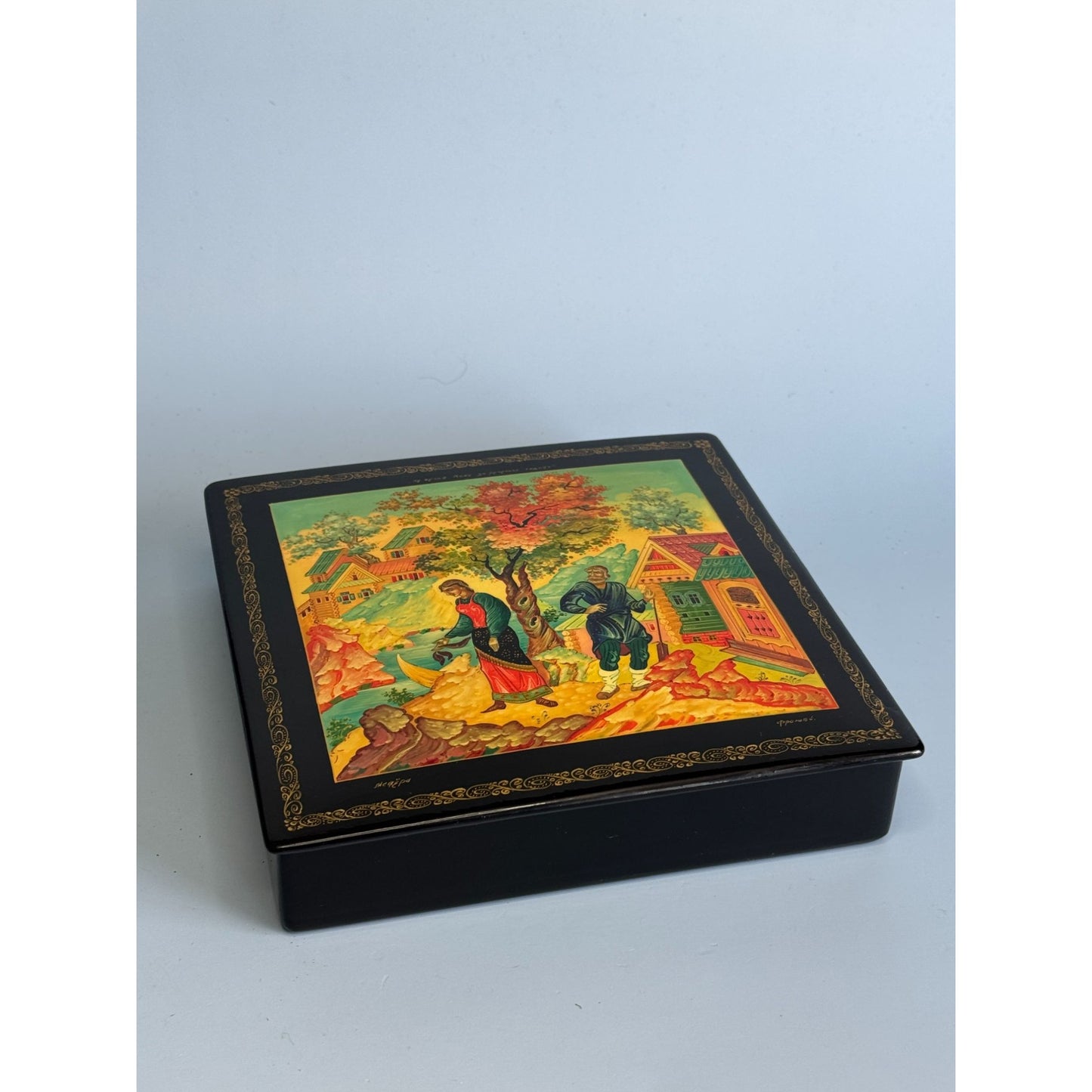 Russian Black Lacquer Trinket Box With Hand-Painted Folk Scene & Red Interior 6.5" Square