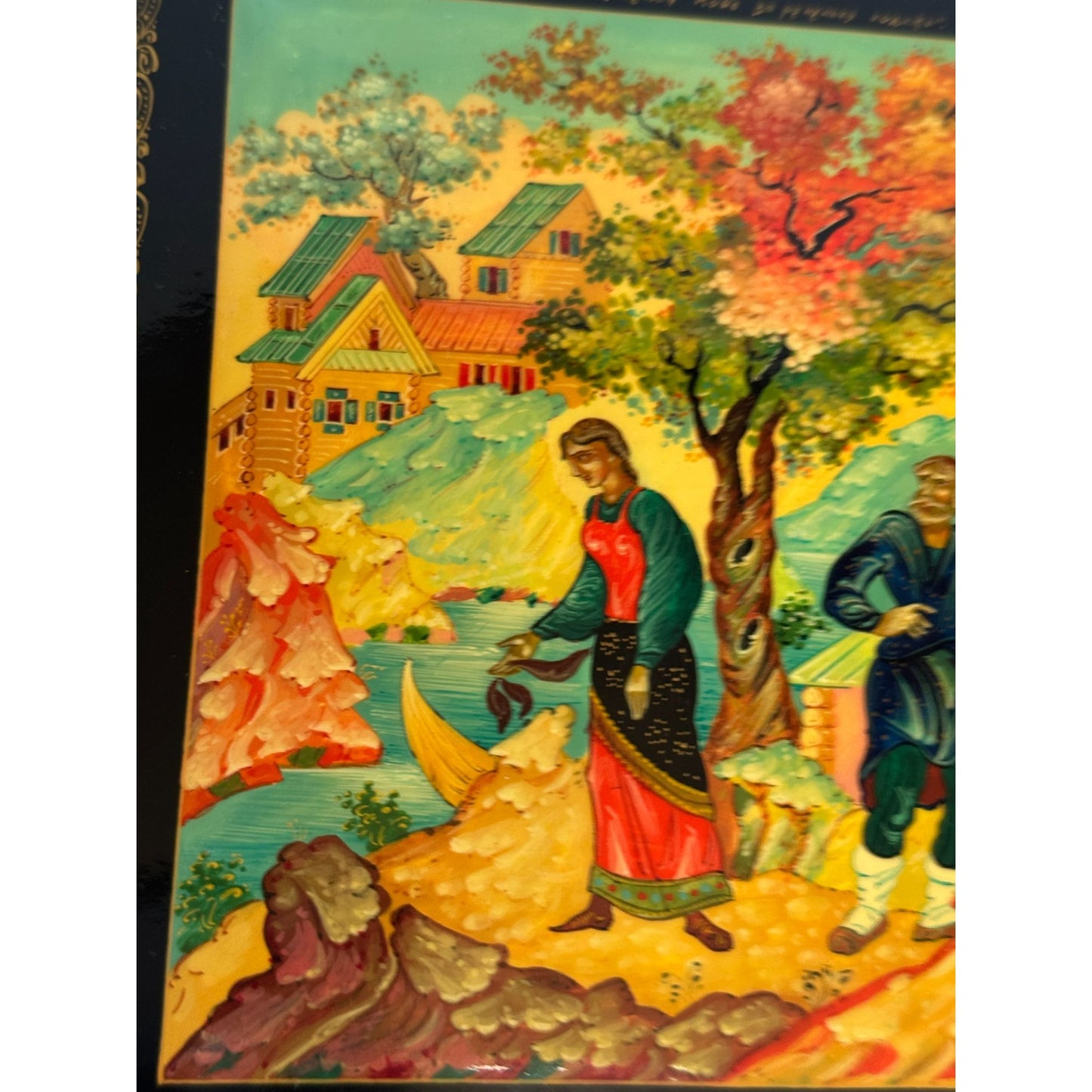 Russian Black Lacquer Trinket Box With Hand-Painted Folk Scene & Red Interior 6.5" Square