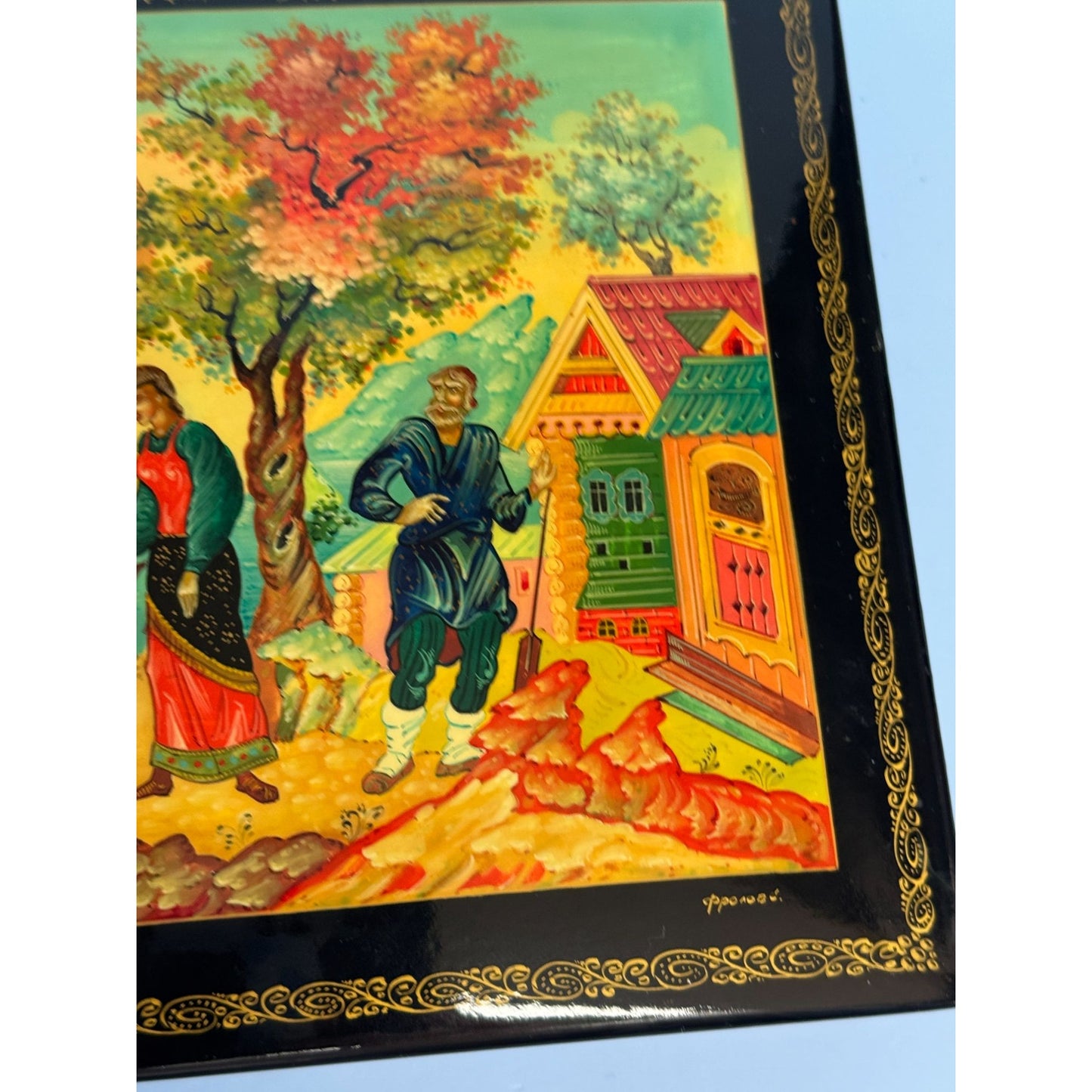 Russian Black Lacquer Trinket Box With Hand-Painted Folk Scene & Red Interior 6.5" Square