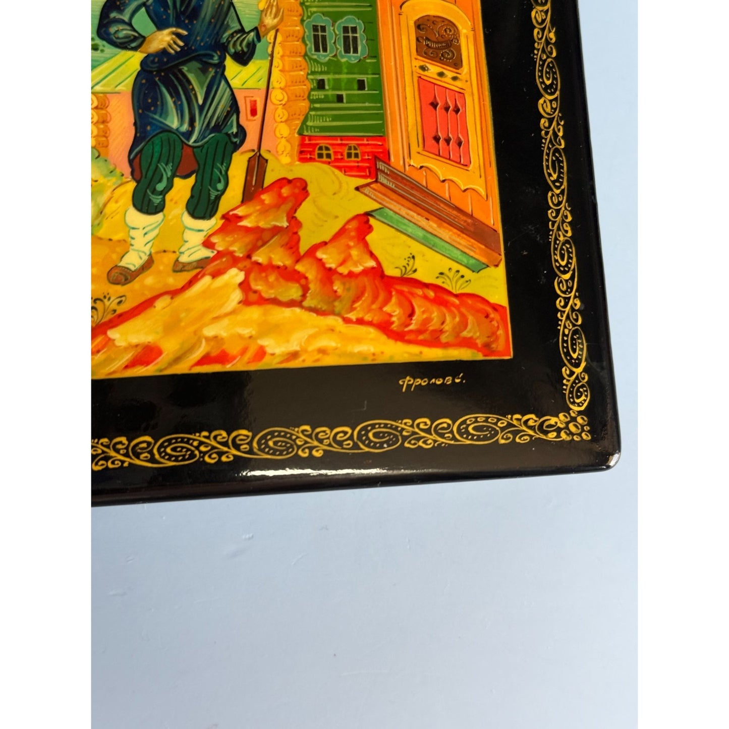 Russian Black Lacquer Trinket Box With Hand-Painted Folk Scene & Red Interior 6.5" Square