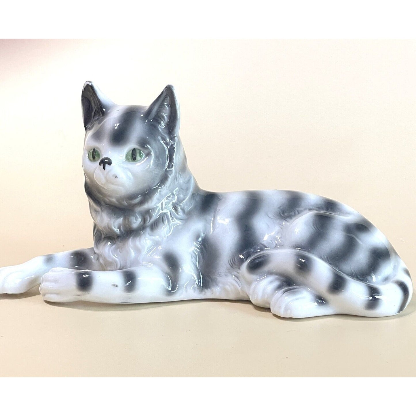 Vintage Thuringia Porcelain Tabby Cat Figurine Gray White Stripe Green Eyes Germany 6" Collectible