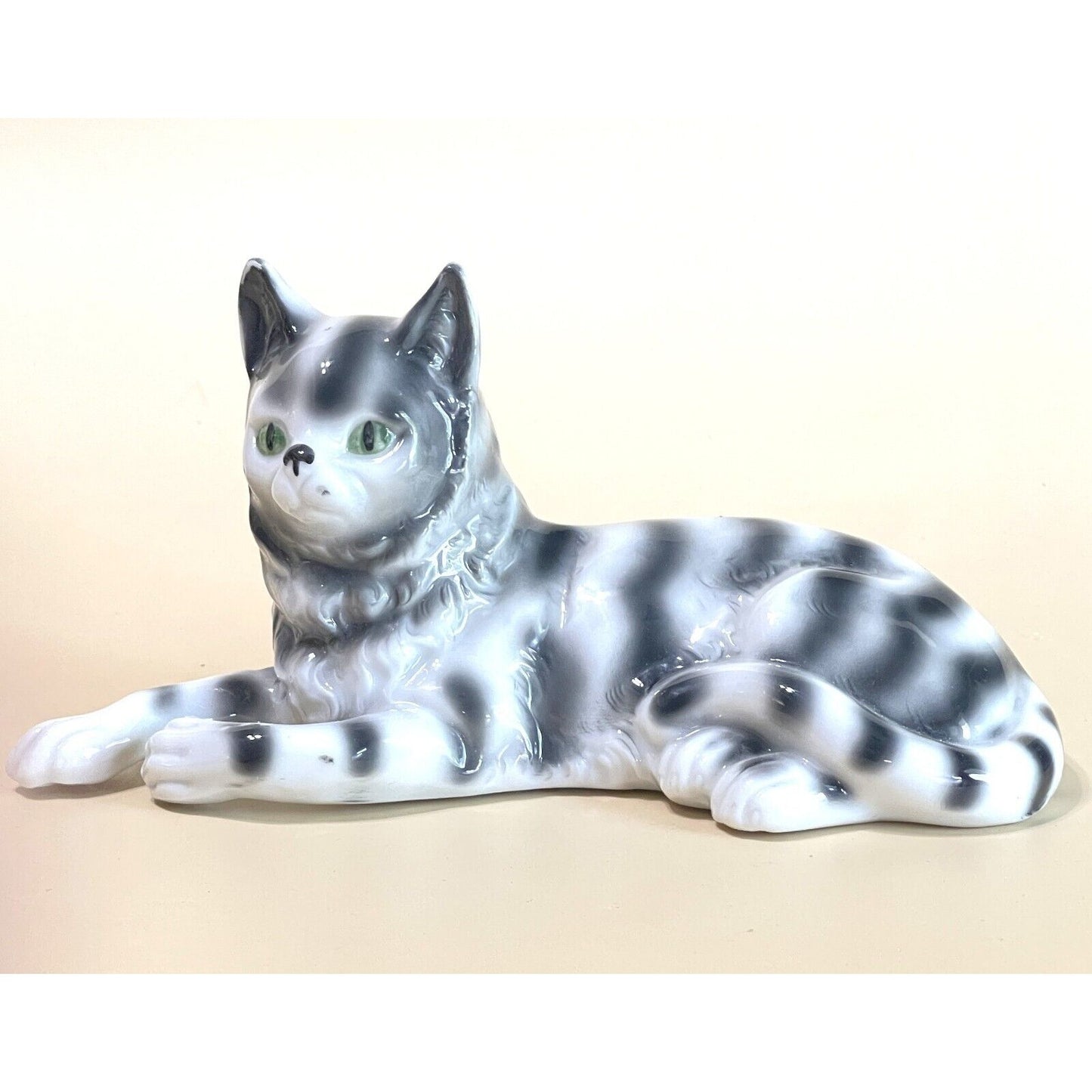 Vintage Thuringia Porcelain Tabby Cat Figurine Gray White Stripe Green Eyes Germany 6" Collectible