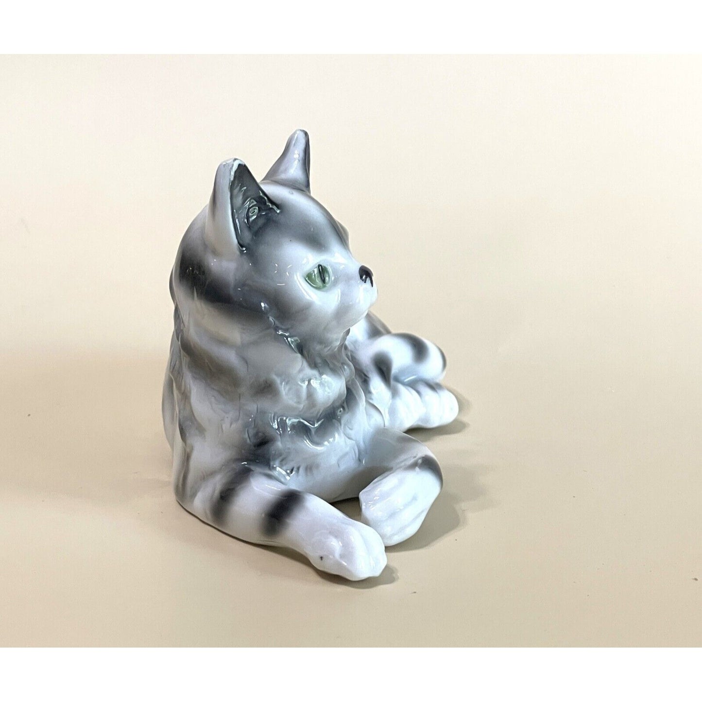 Vintage Thuringia Porcelain Tabby Cat Figurine Gray White Stripe Green Eyes Germany 6" Collectible