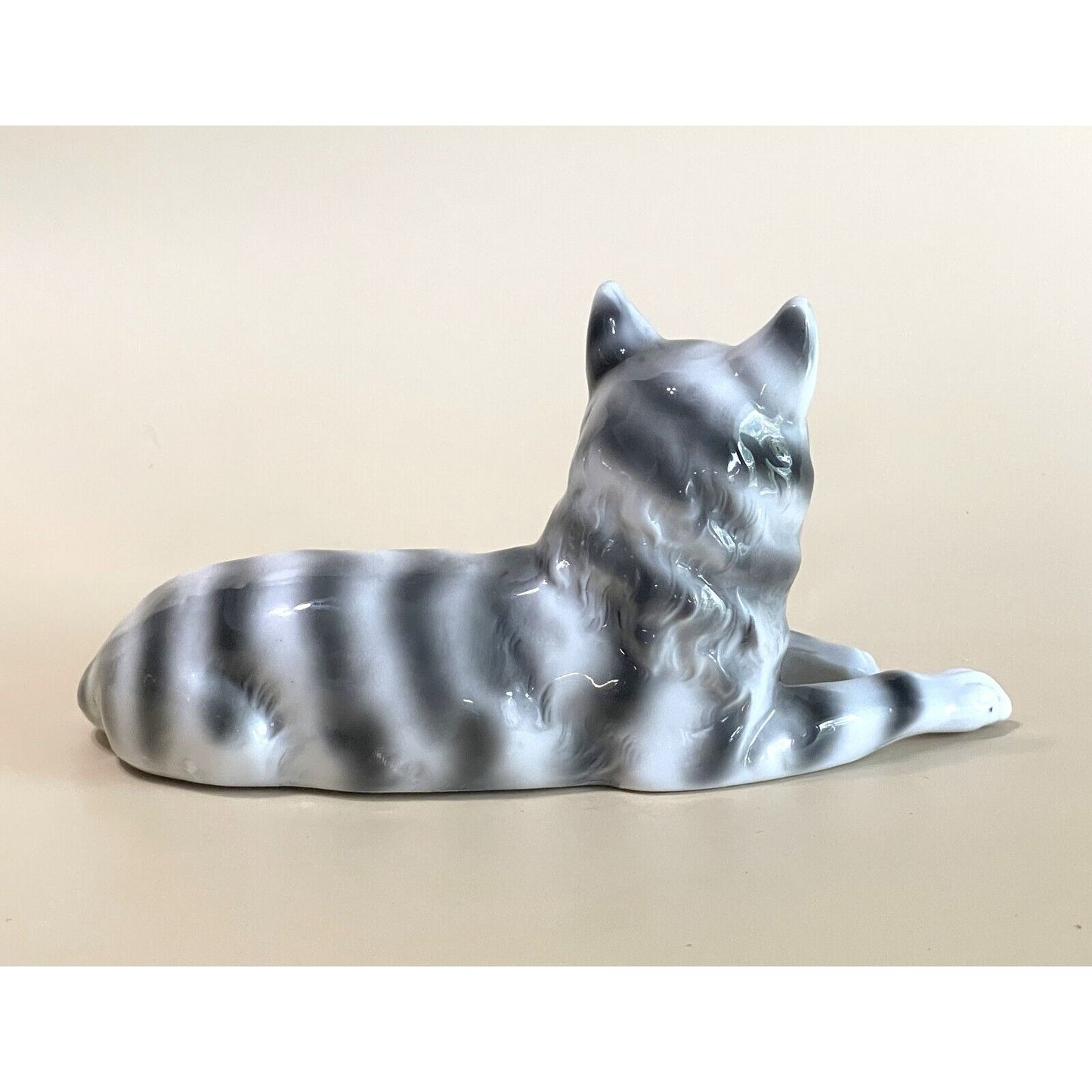 Vintage Thuringia Porcelain Tabby Cat Figurine Gray White Stripe Green Eyes Germany 6" Collectible
