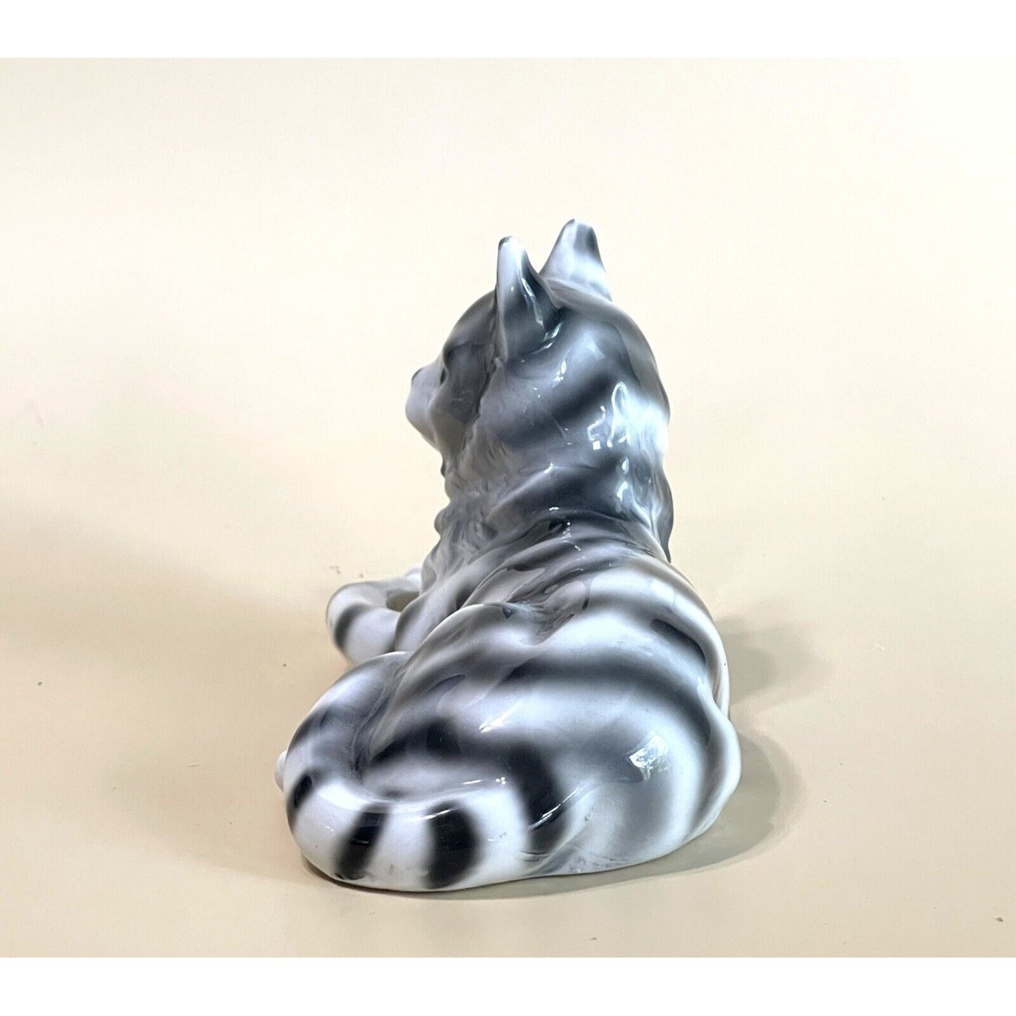 Vintage Thuringia Porcelain Tabby Cat Figurine Gray White Stripe Green Eyes Germany 6" Collectible