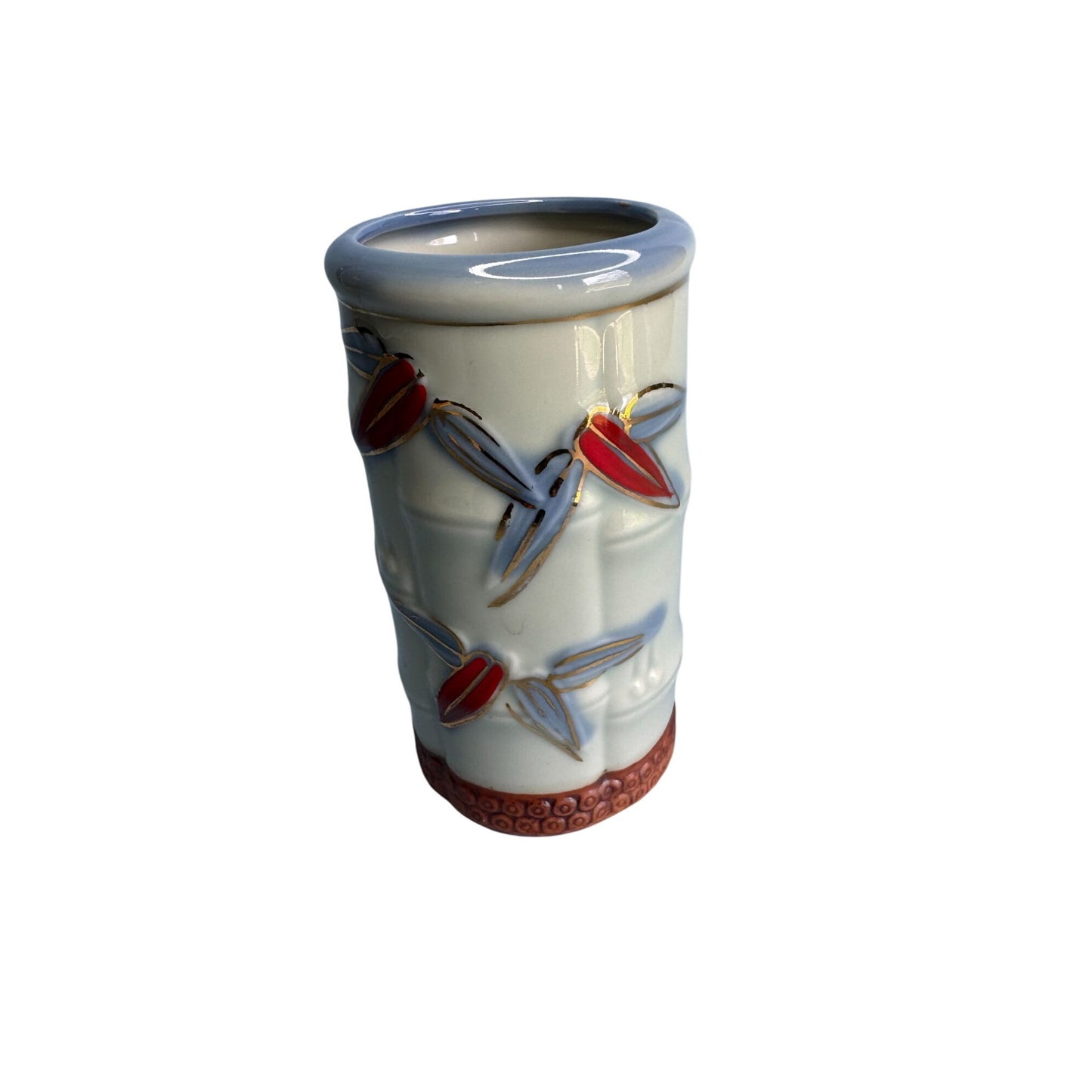 Handcrafted Ceramic Bamboo-Inspired Vase With Red & Gold Dragonfly Design Japan