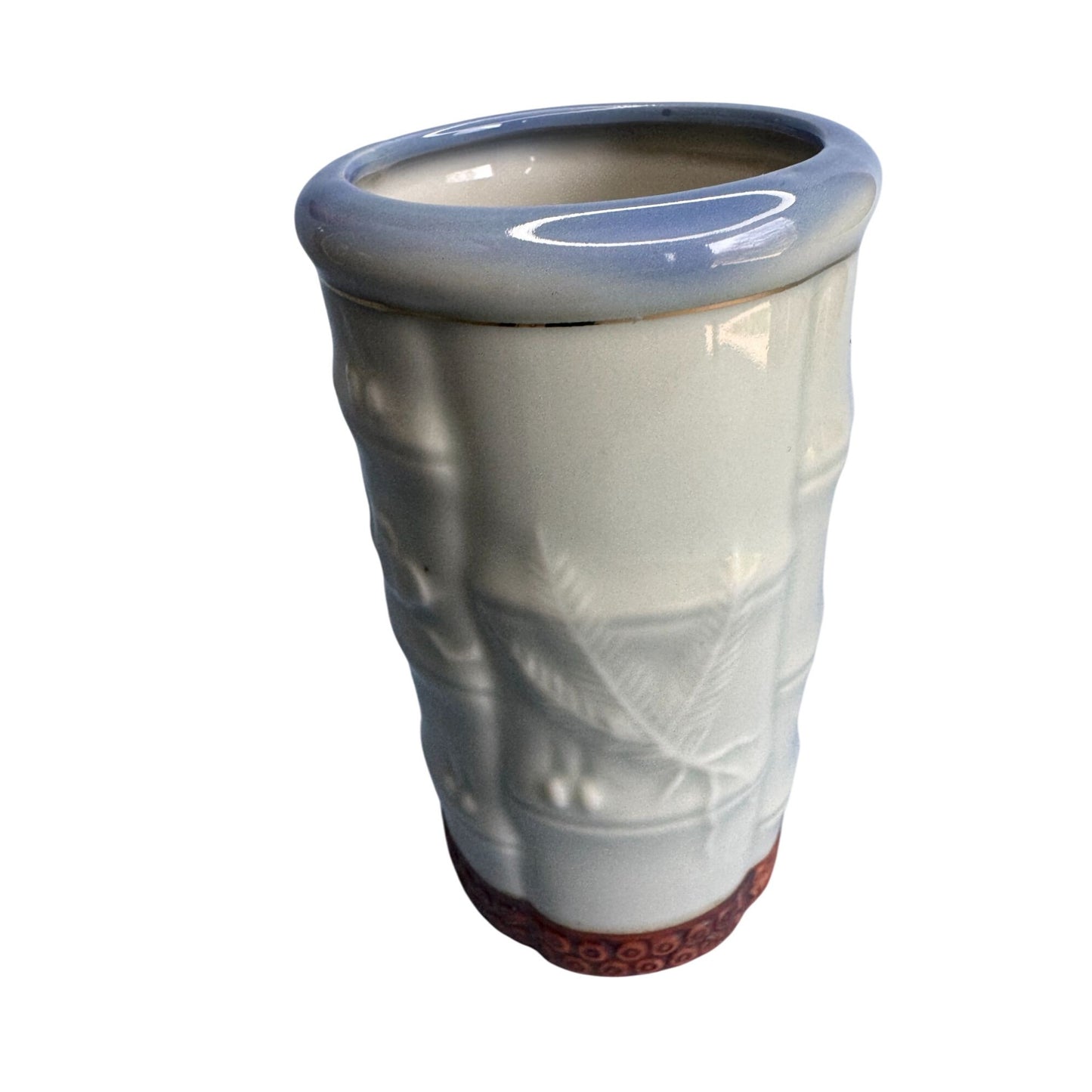 Handcrafted Ceramic Bamboo-Inspired Vase With Red & Gold Dragonfly Design Japan