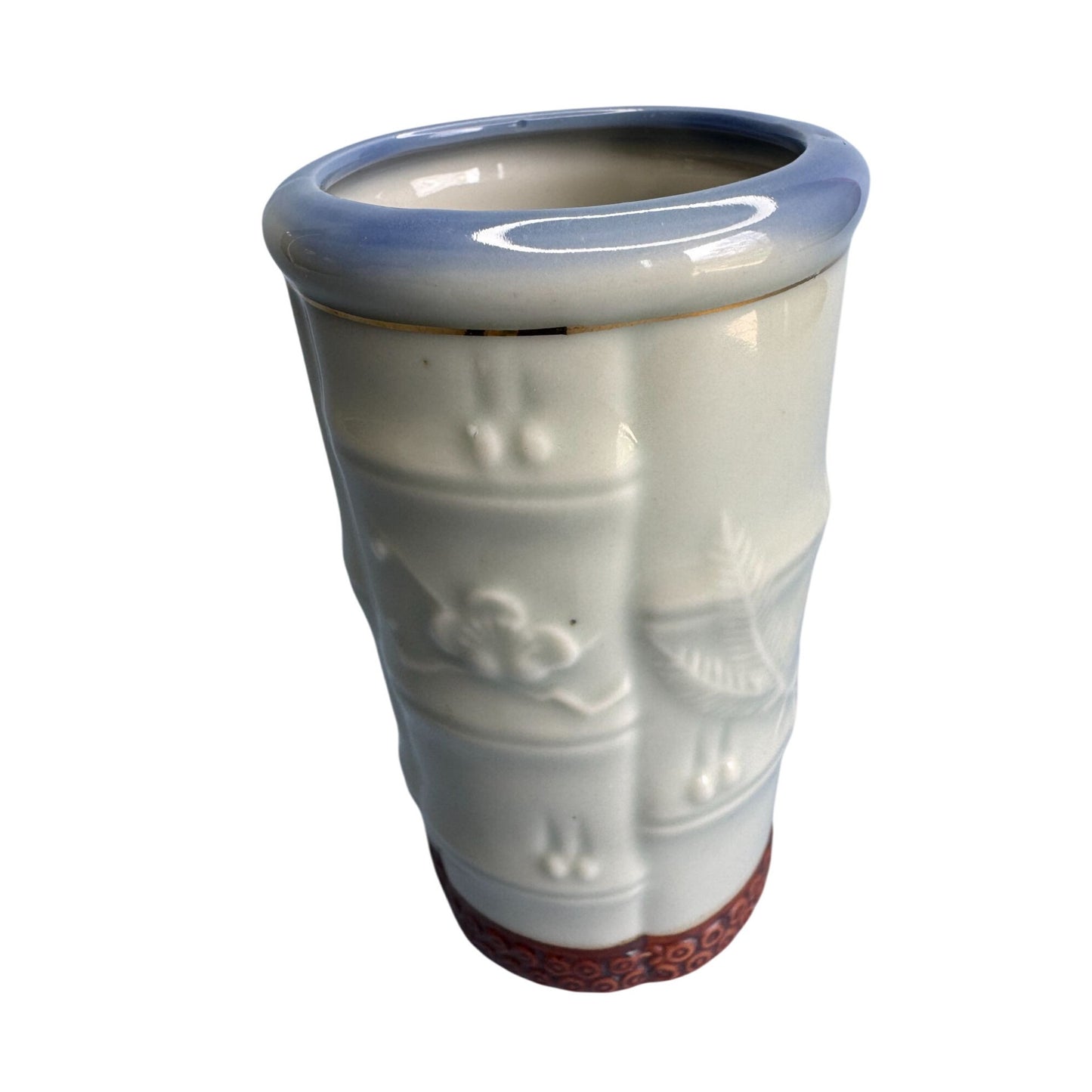 Handcrafted Ceramic Bamboo-Inspired Vase With Red & Gold Dragonfly Design Japan