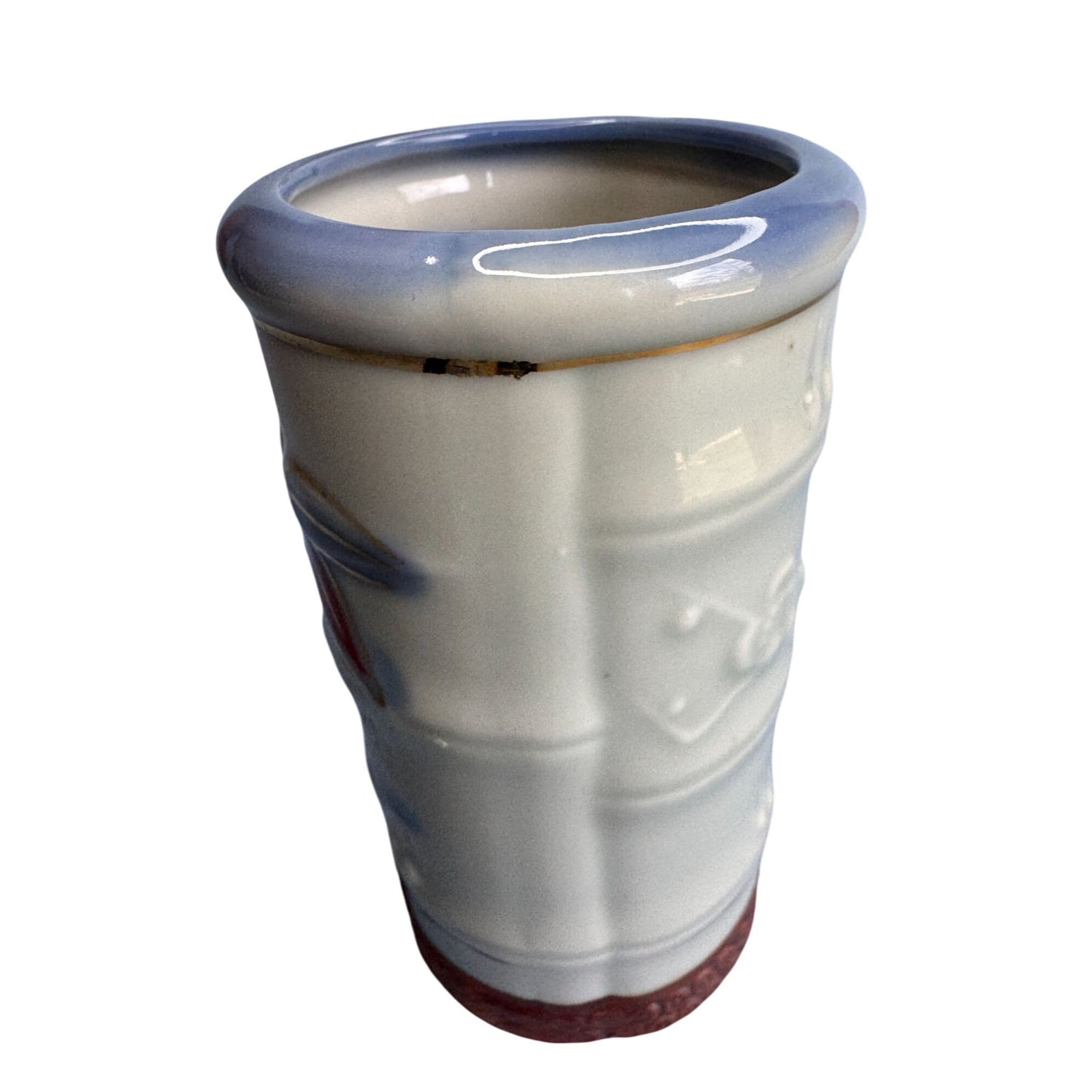 Handcrafted Ceramic Bamboo-Inspired Vase With Red & Gold Dragonfly Design Japan