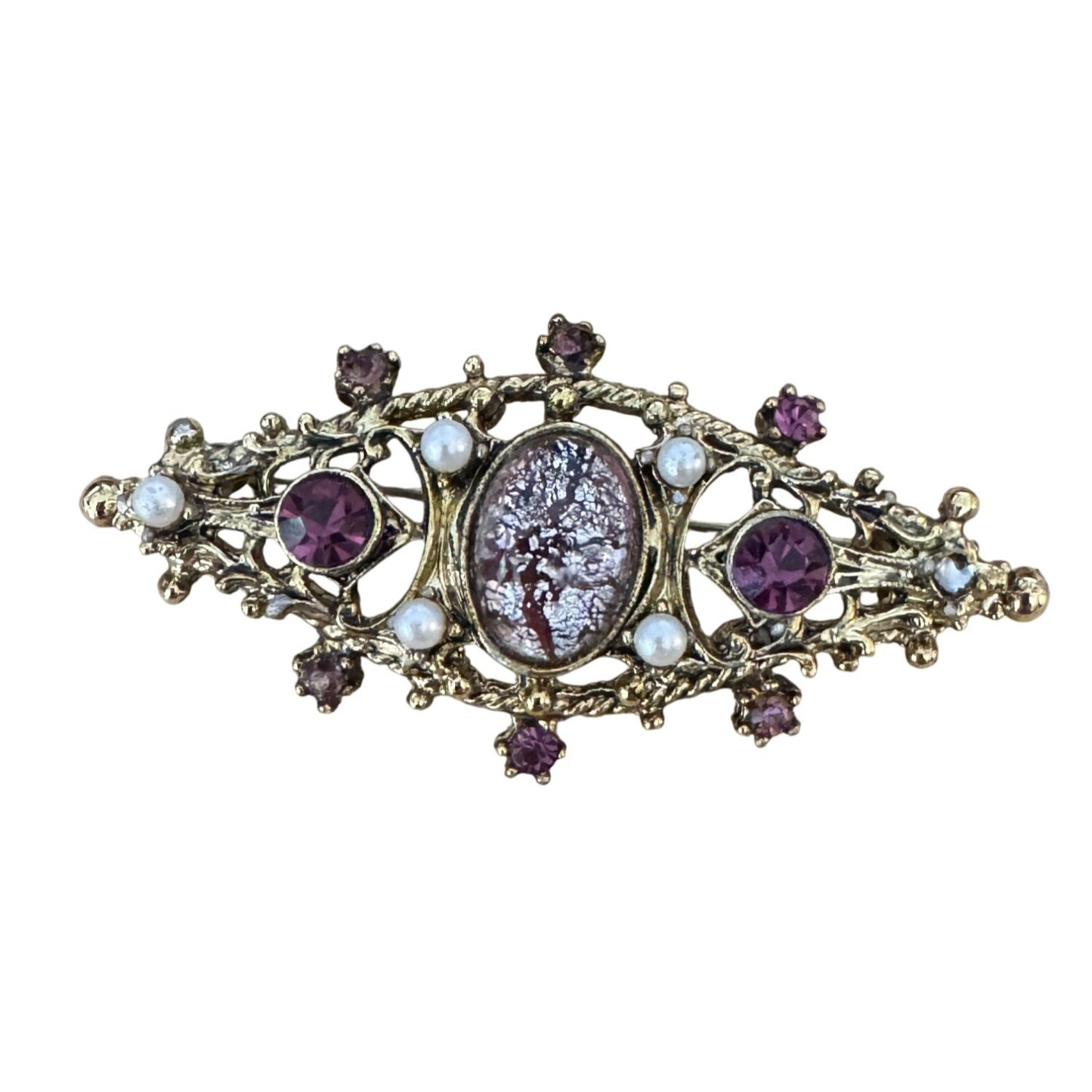 Vintage Edwardian Brooch Amethyst Rhinestones Foil Center Tube Closure Gold Tone