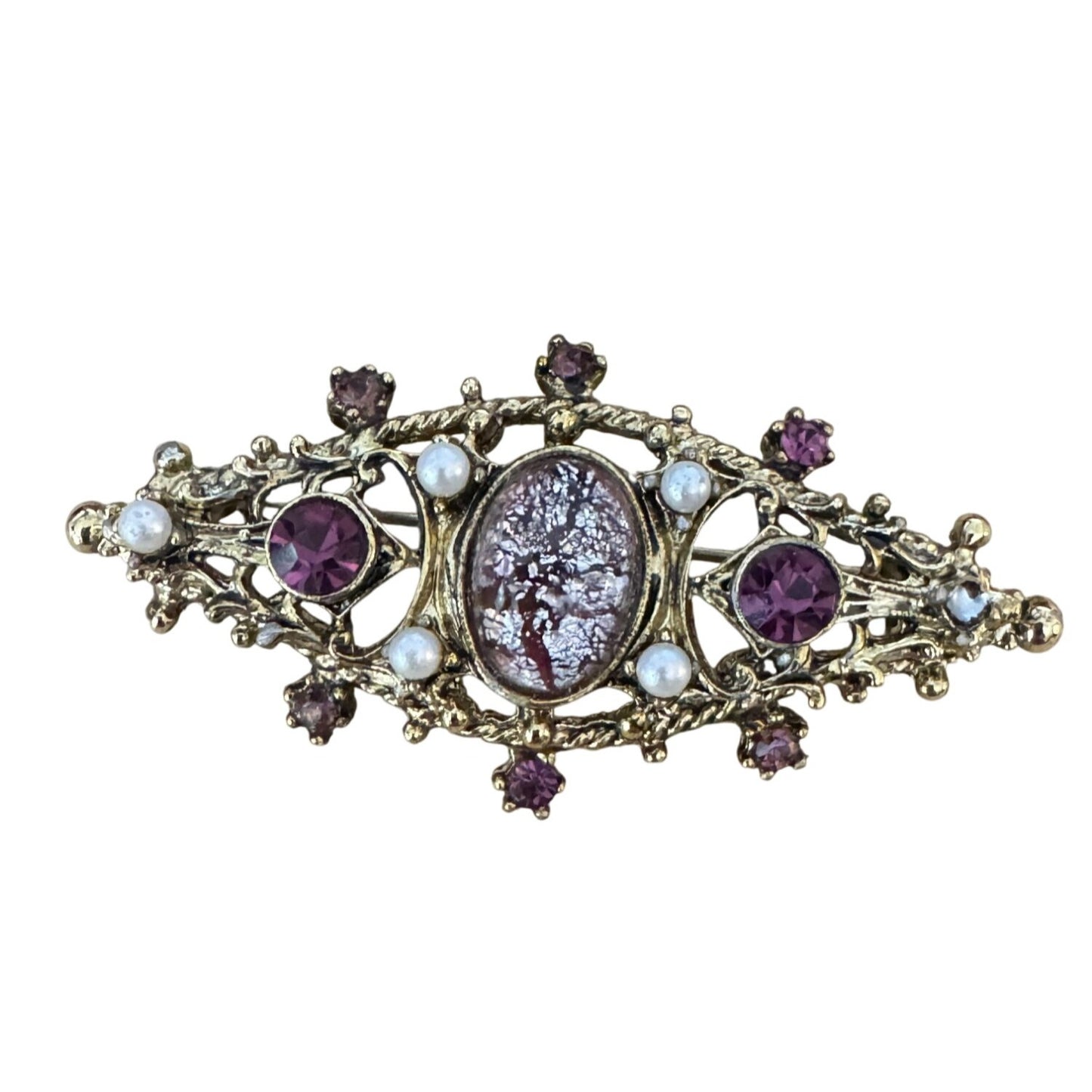 Vintage Edwardian Brooch Amethyst Rhinestones Foil Center Tube Closure Gold Tone