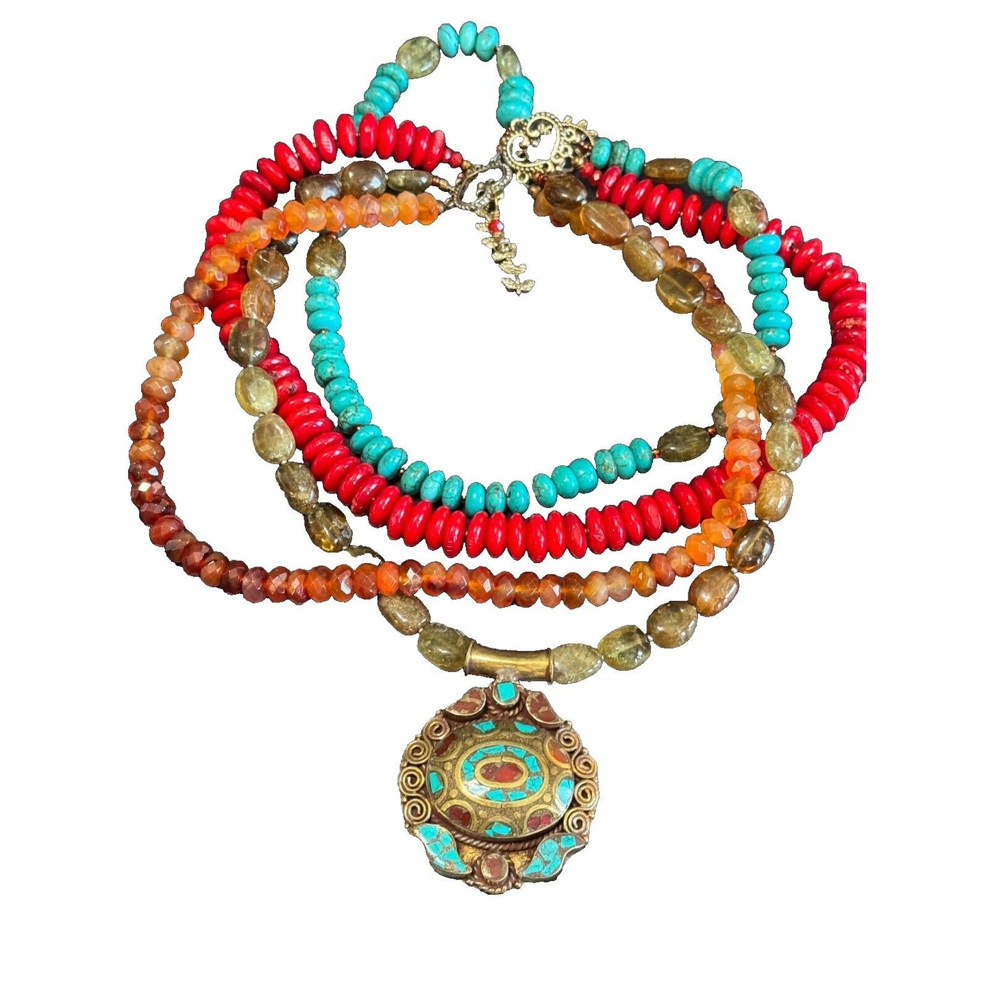 Southwestern Tribal Blue Howlite Red Orange Sage Quartz Beaded Necklace 17"