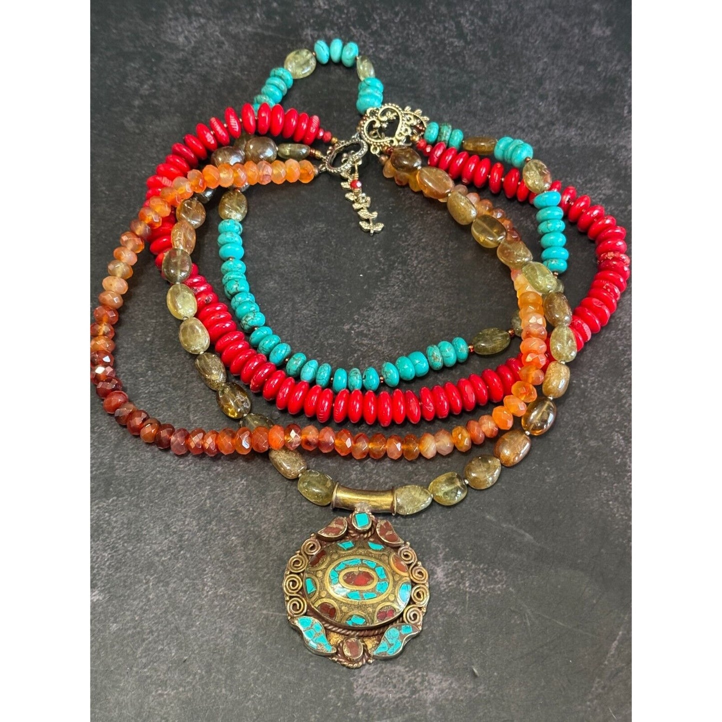 Southwestern Tribal Blue Howlite Red Orange Sage Quartz Beaded Necklace 17"
