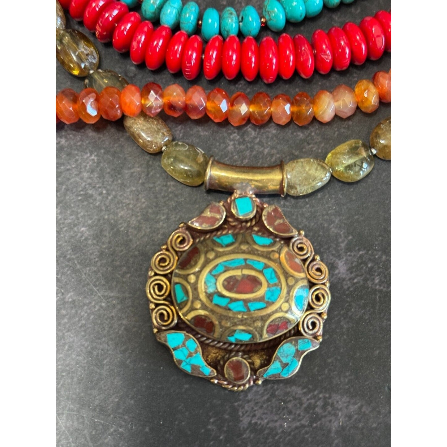 Southwestern Tribal Blue Howlite Red Orange Sage Quartz Beaded Necklace 17"