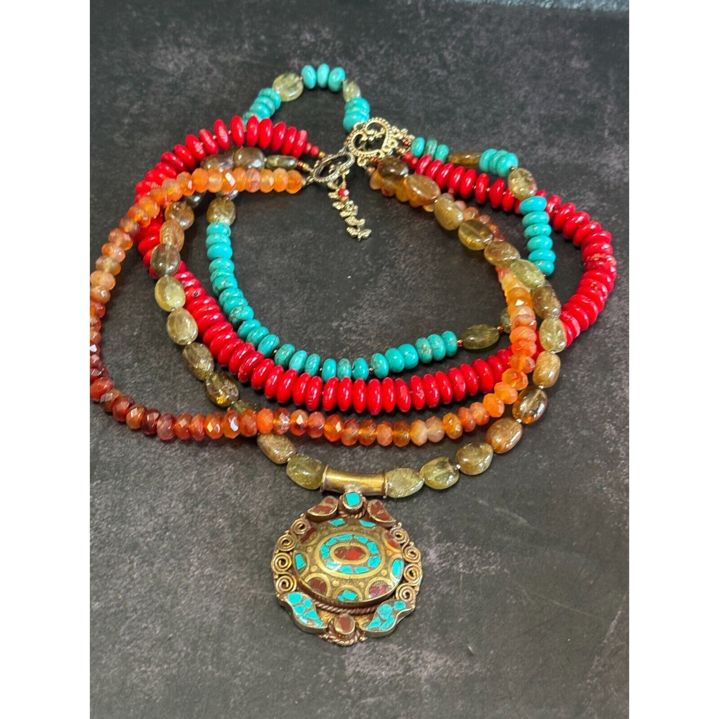 Southwestern Tribal Blue Howlite Red Orange Sage Quartz Beaded Necklace 17"