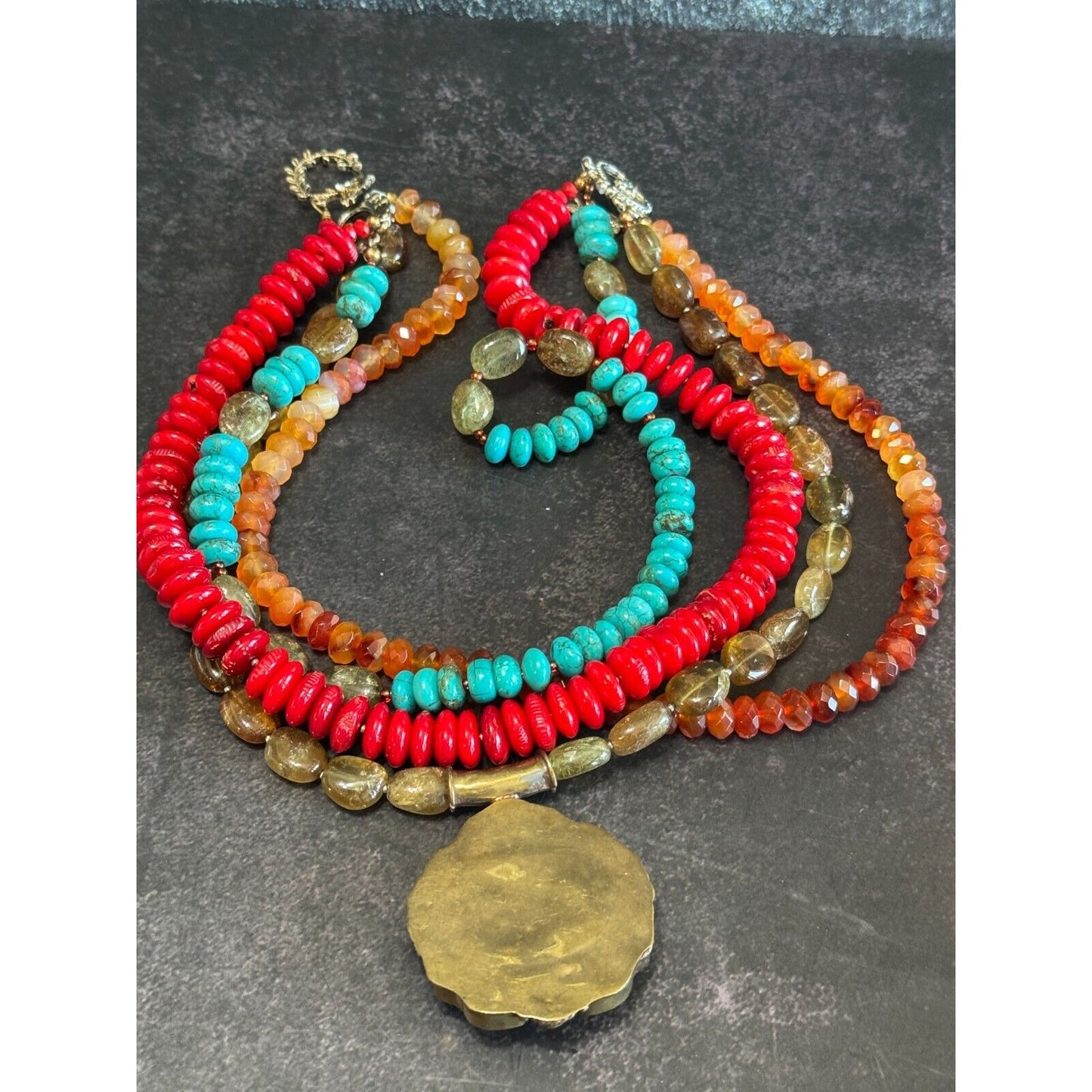 Southwestern Tribal Blue Howlite Red Orange Sage Quartz Beaded Necklace 17"