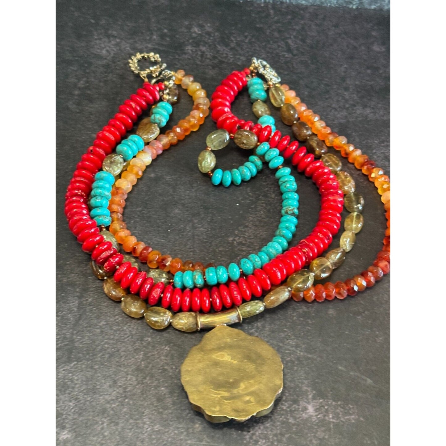 Southwestern Tribal Blue Howlite Red Orange Sage Quartz Beaded Necklace 17"