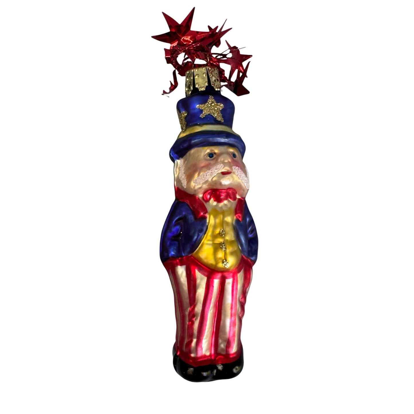 German Blown Glass Christmas Ornament Uncle Sam Red White Blue 4 1/2 Inch