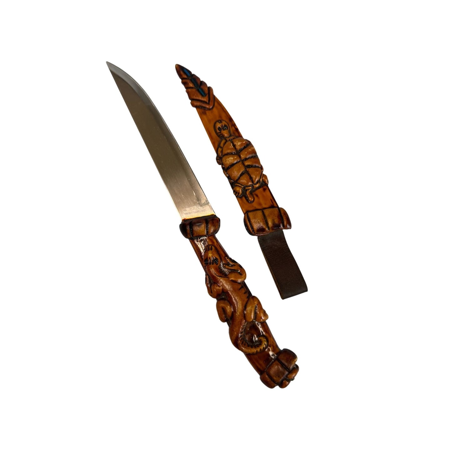 Tribal Tramontina Ornate Dragon Design Knife Carved Wooden Handle & Sheath Stainless Steel Blade