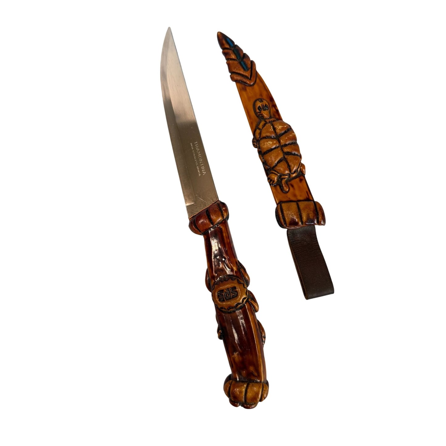 Tribal Tramontina Ornate Dragon Design Knife Carved Wooden Handle & Sheath Stainless Steel Blade