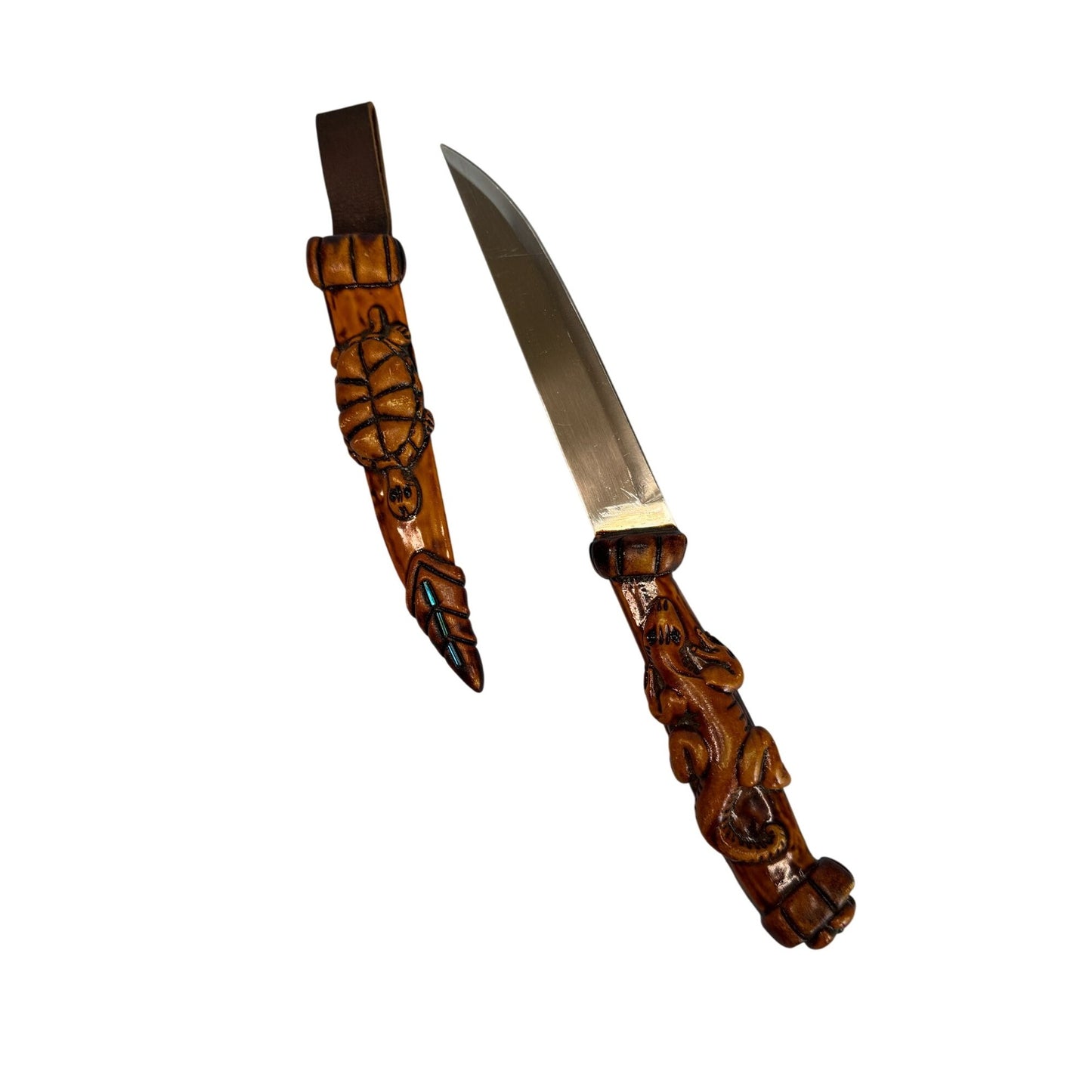 Tribal Tramontina Ornate Dragon Design Knife Carved Wooden Handle & Sheath Stainless Steel Blade