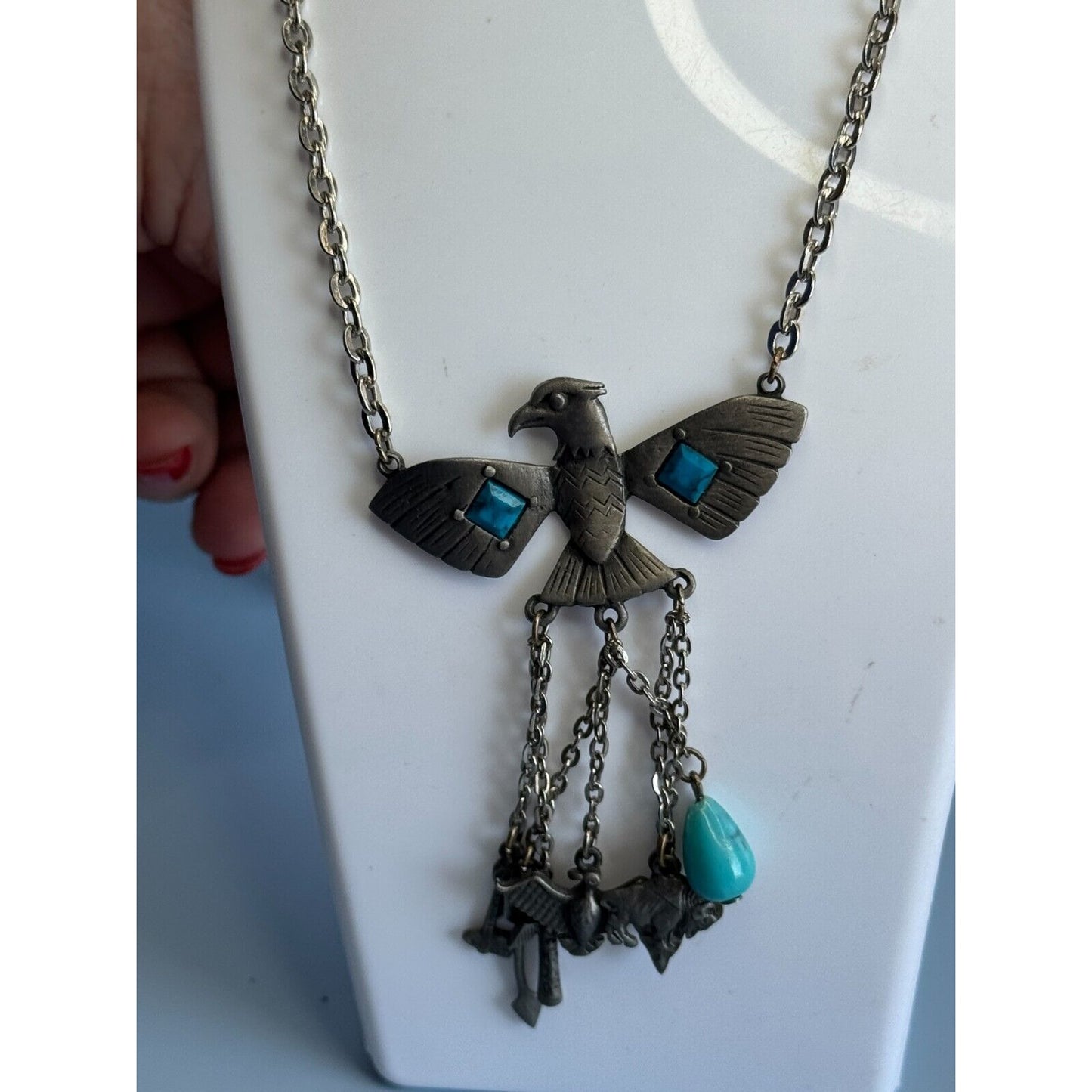 Vintage Park Lane Block Turquoise Tribal Charm Peyote Bird Southwestern Necklace