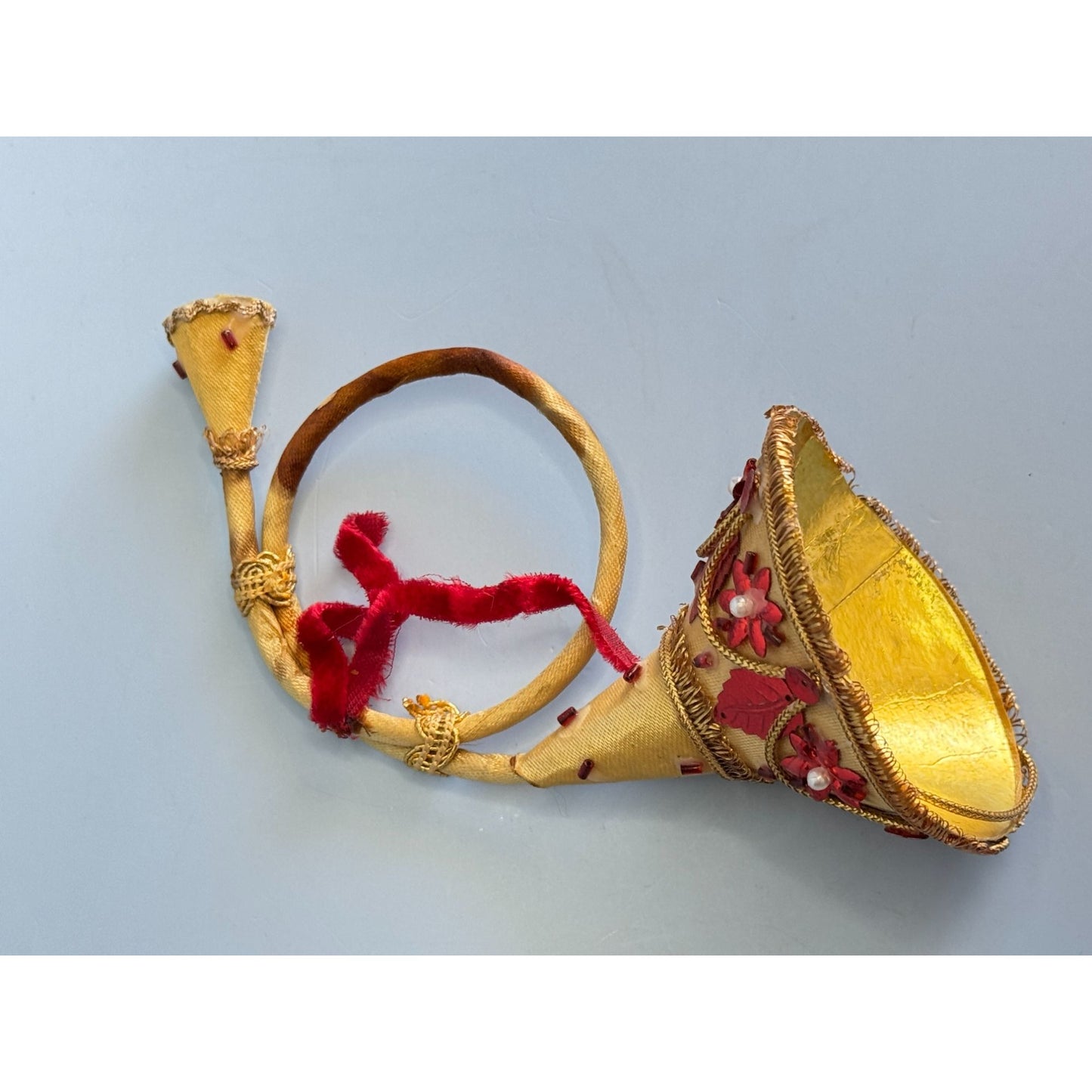 Handcrafted Decorative Gold & Red Horn Ornament With Embroidery & Pearl Accents