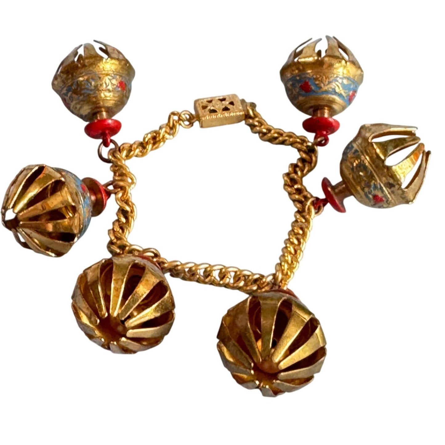 Vintage Indian Elephant Claw Charm Bracelet Gilt & Enamel Statement 6 1/2"