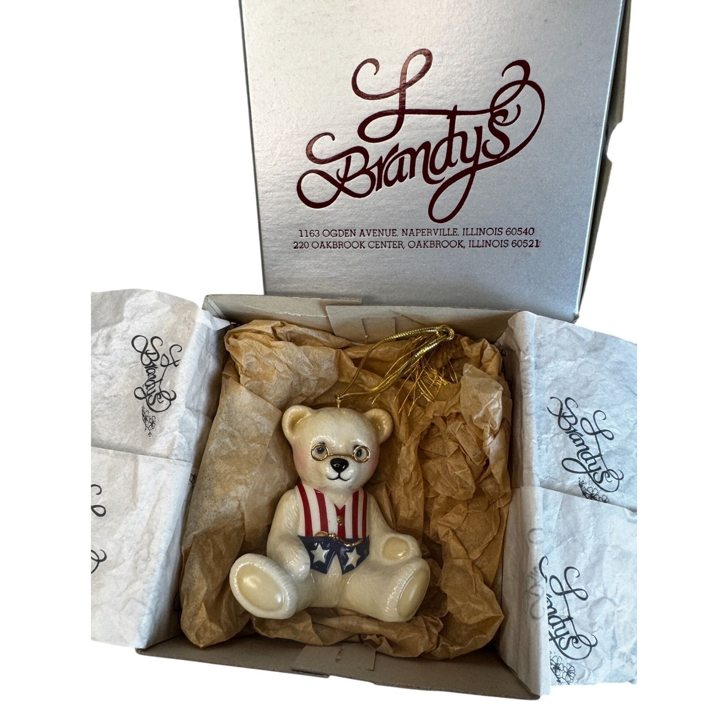 Brandys Teddy 96 Patriotic Bear Ornament Beige Ceramic With Glasses & Box