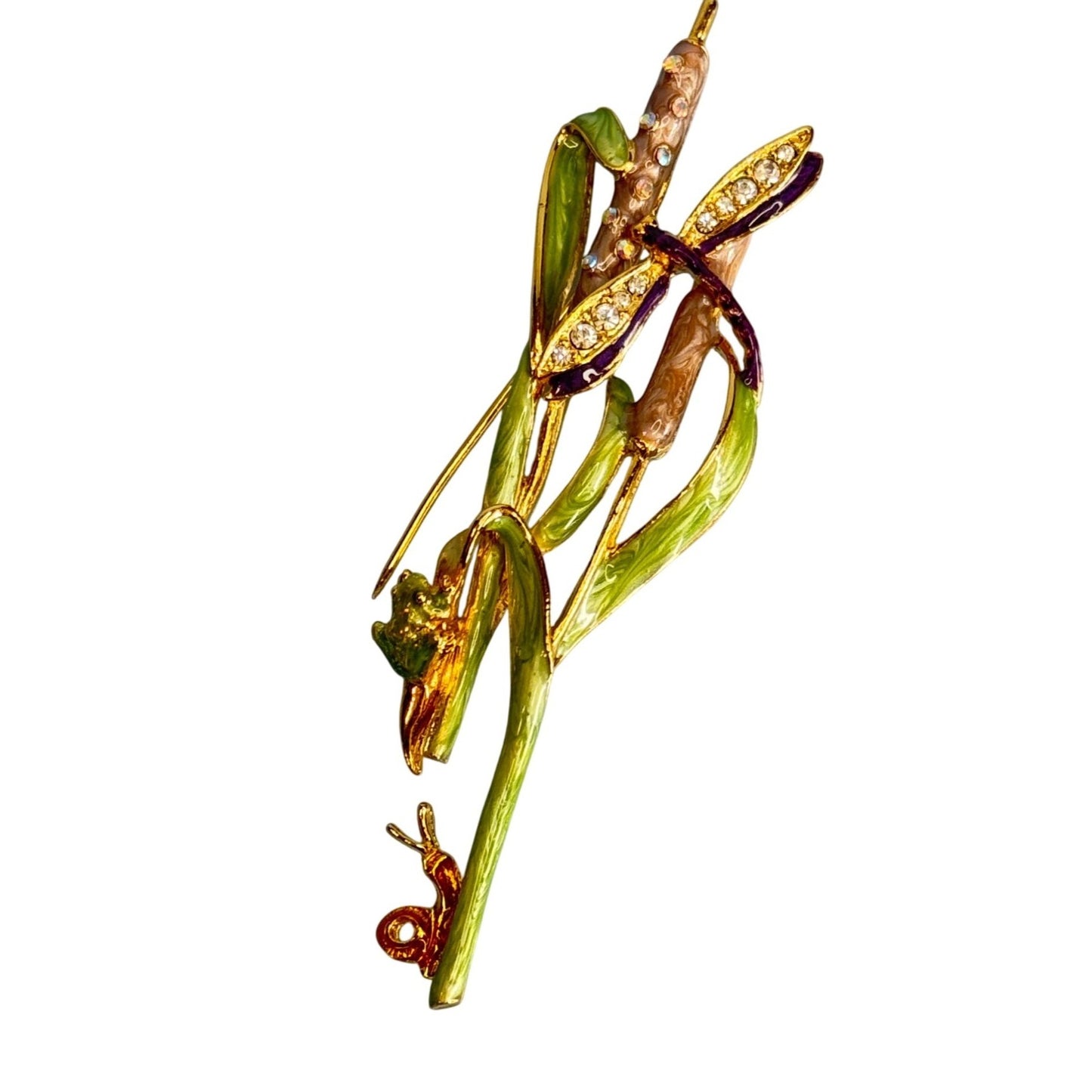 Vintage Goldtone Enameled Cattail Brooch W/ Dragonfly Frog Snail & Crystals Rhinestones
