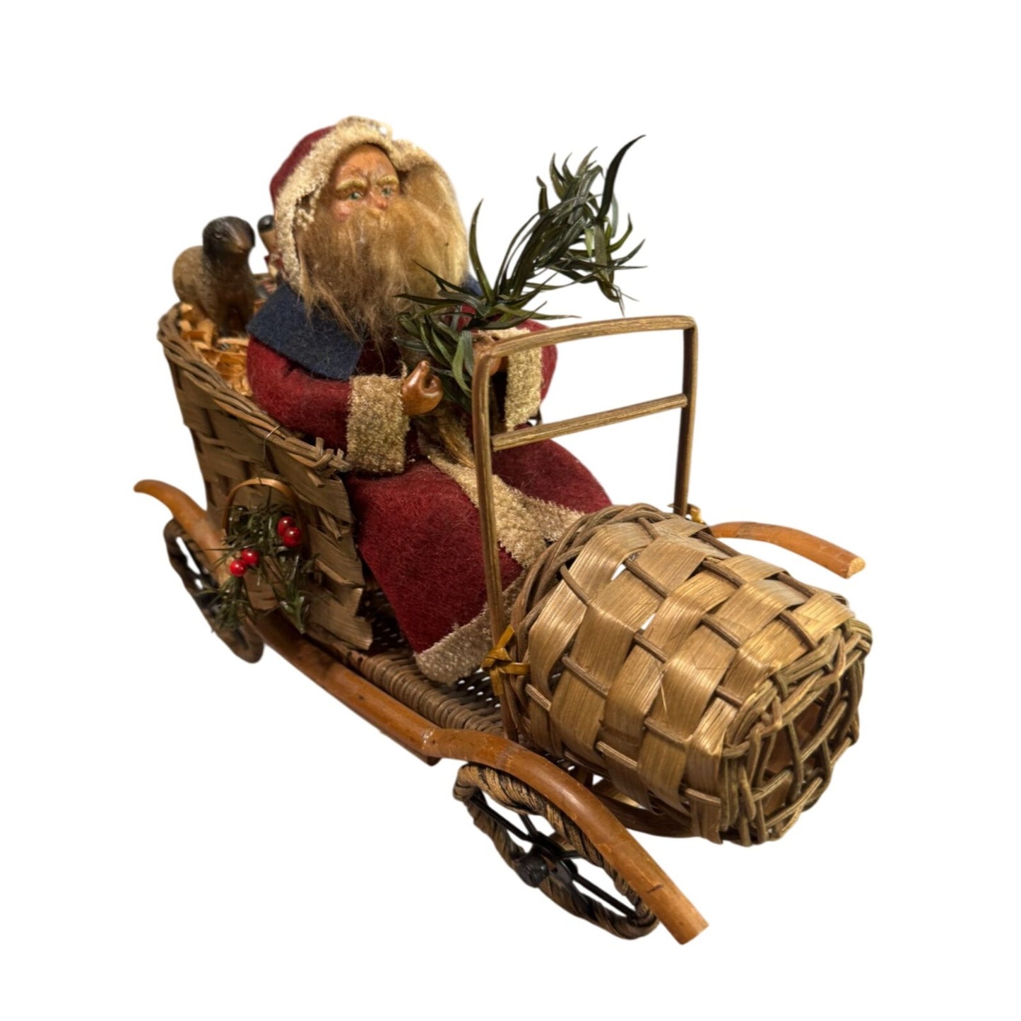 Bethany Lowe Santa Claus Figurine Woven Sleigh With Toys Red/Beige Wool/Wicker 11"