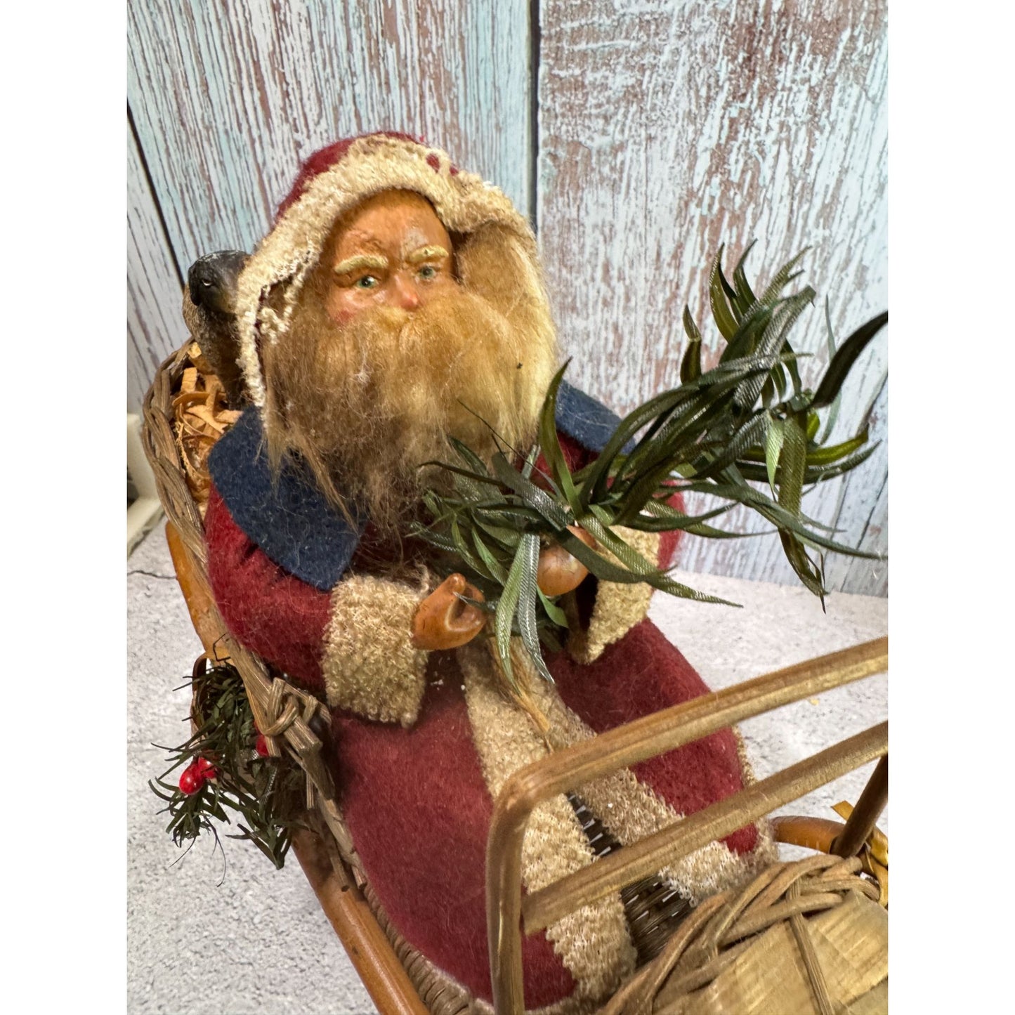 Bethany Lowe Santa Claus Figurine Woven Sleigh With Toys Red/Beige Wool/Wicker 11"