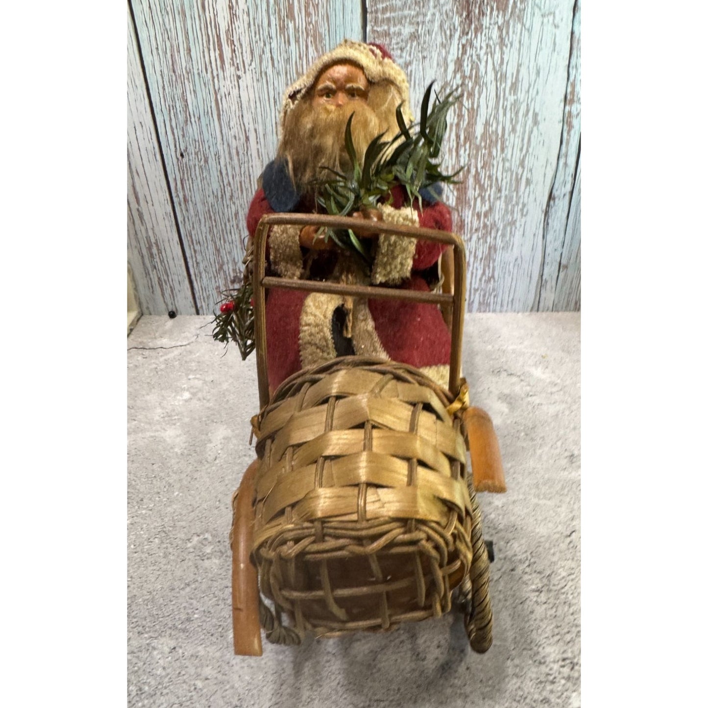 Bethany Lowe Santa Claus Figurine Woven Sleigh With Toys Red/Beige Wool/Wicker 11"
