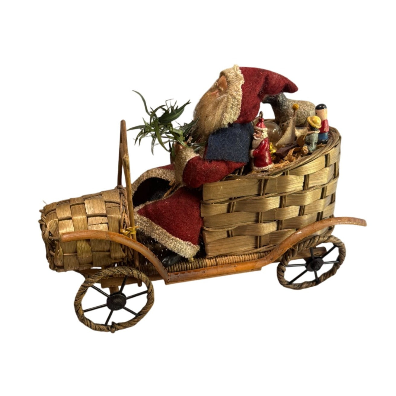 Bethany Lowe Santa Claus Figurine Woven Sleigh With Toys Red/Beige Wool/Wicker 11"