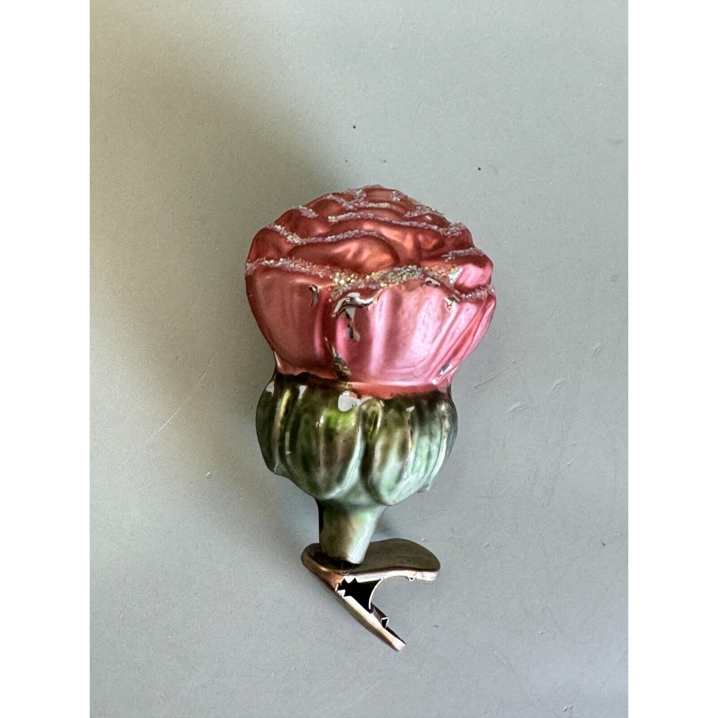 Vintage Blown Glass Rose Bud Clip On Christmas Ornament Midcentury