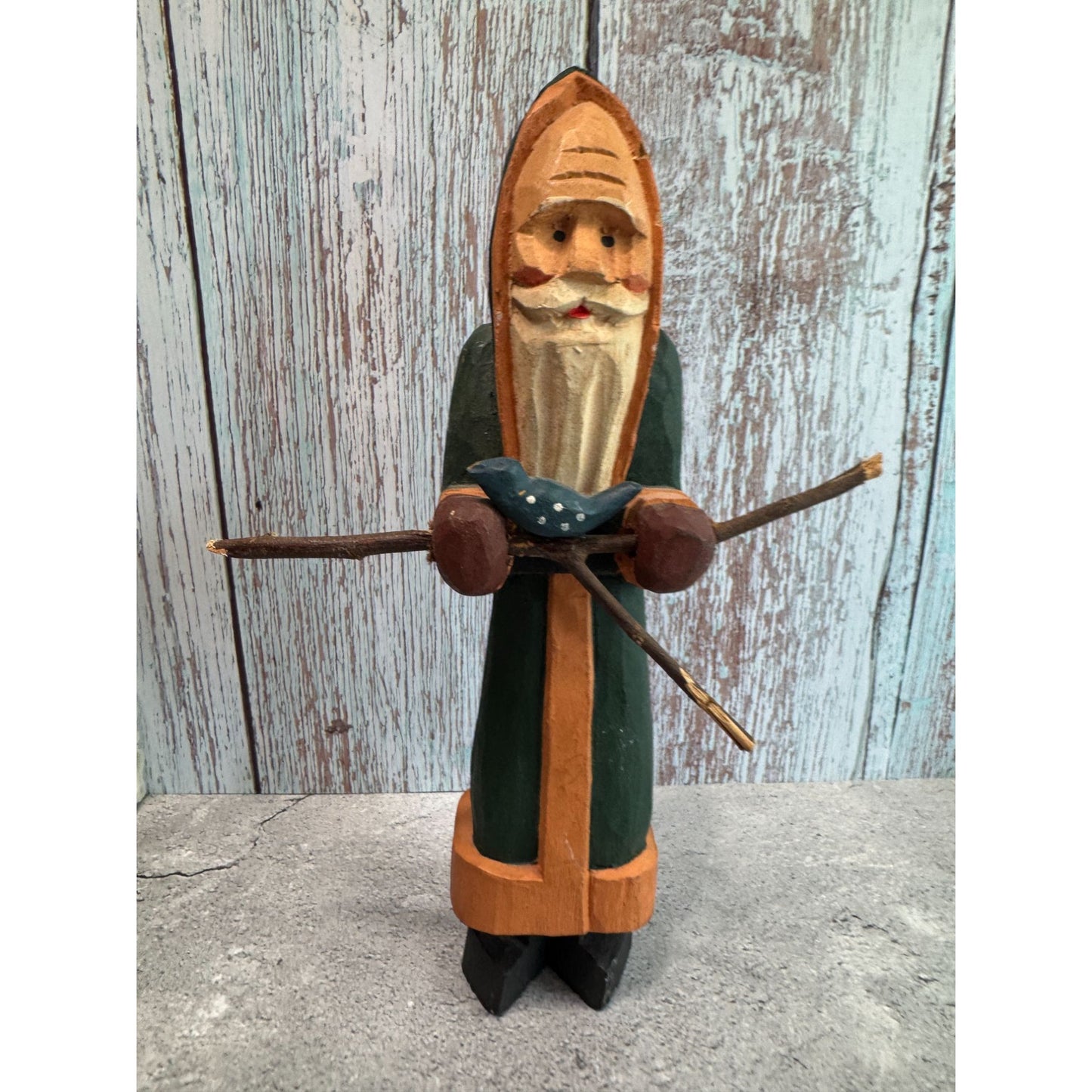 Hand Carved Wooden Woodland Santa Claus Figurine With Bird & Twigs