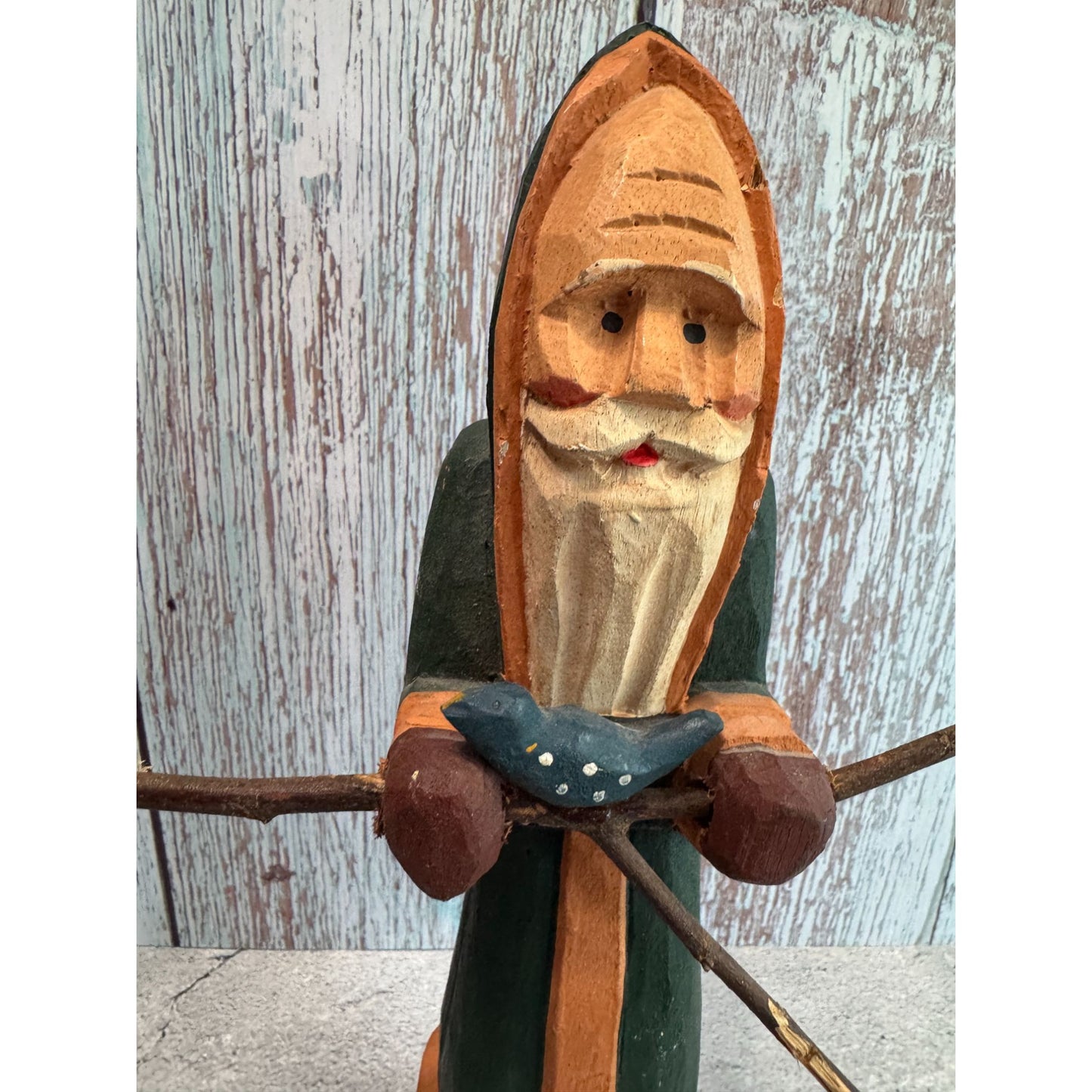Hand Carved Wooden Woodland Santa Claus Figurine With Bird & Twigs