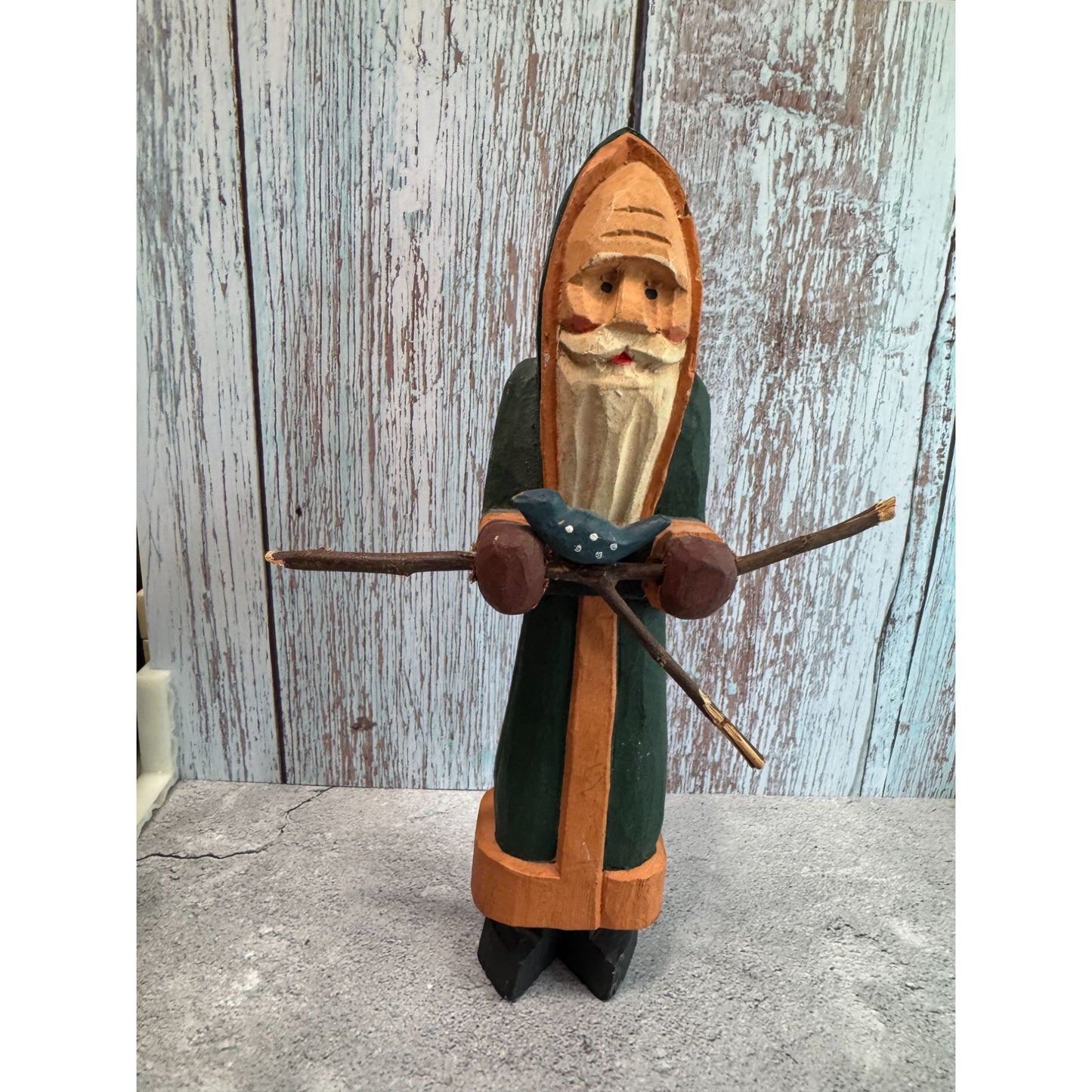 Hand Carved Wooden Woodland Santa Claus Figurine With Bird & Twigs