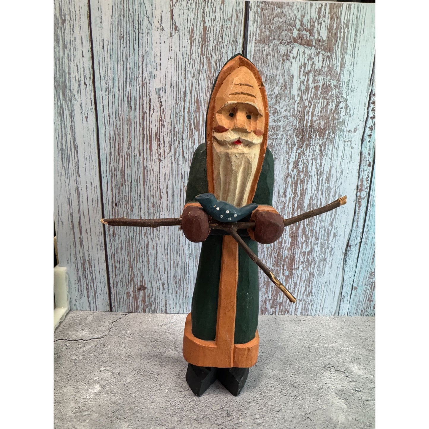 Hand Carved Wooden Woodland Santa Claus Figurine With Bird & Twigs