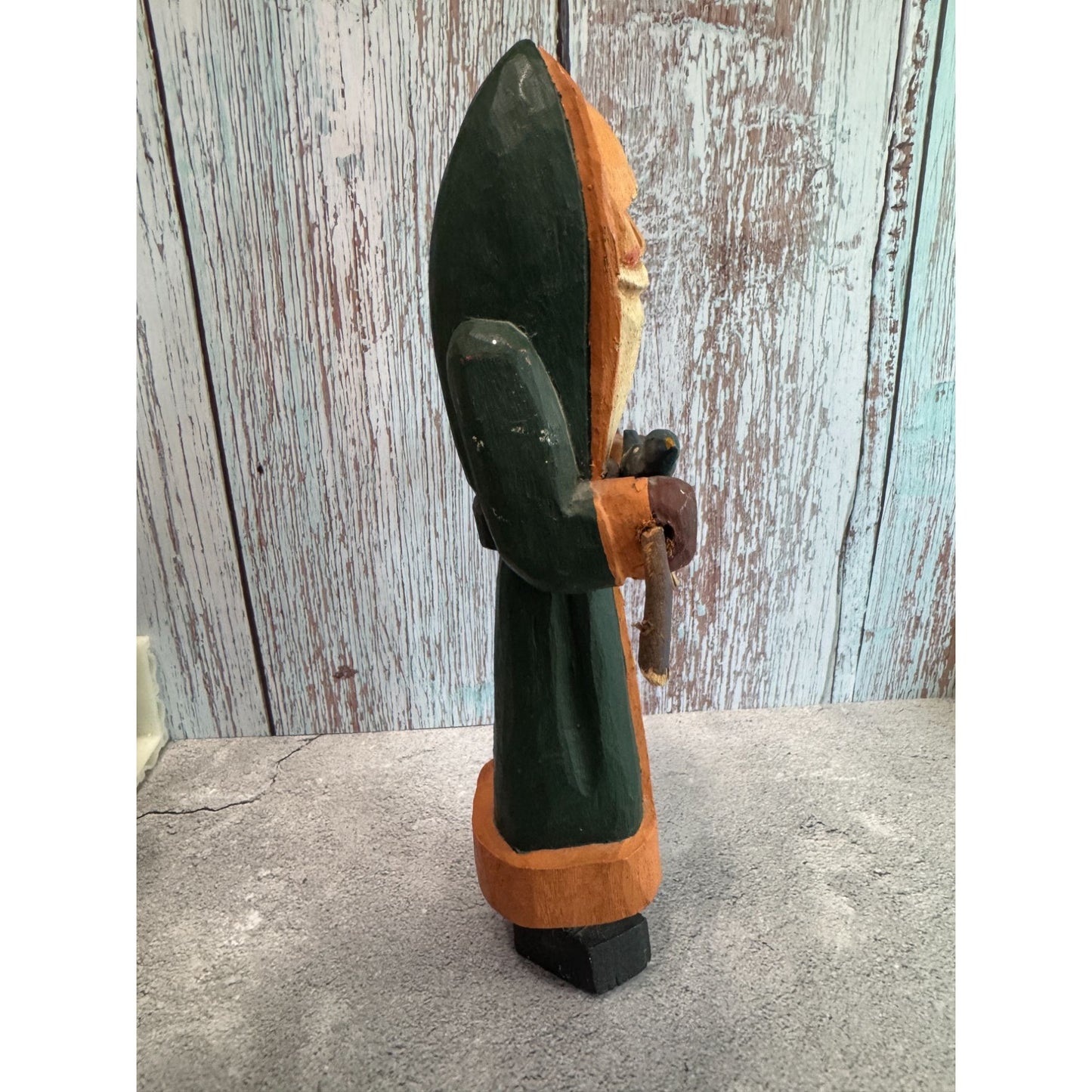 Hand Carved Wooden Woodland Santa Claus Figurine With Bird & Twigs