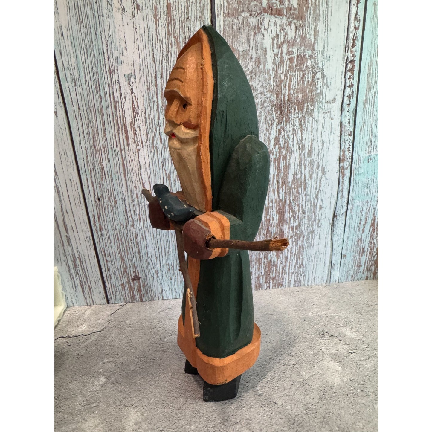Hand Carved Wooden Woodland Santa Claus Figurine With Bird & Twigs