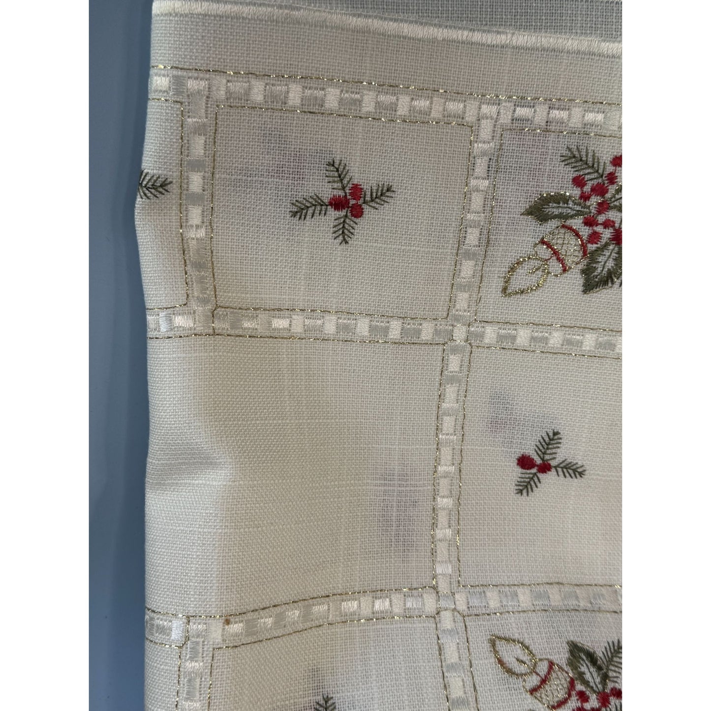 Vintage Cream Rectangular Table Runner Christmas Red Green Embroidery 32" x 12"