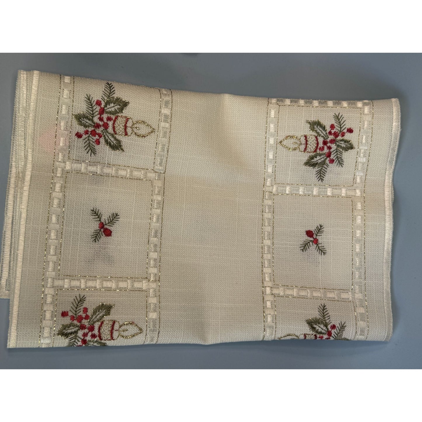 Vintage Cream Rectangular Table Runner Christmas Red Green Embroidery 32" x 12"
