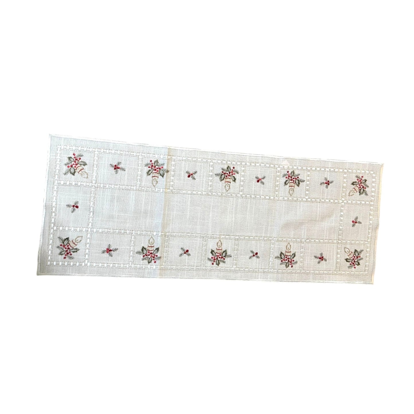Vintage Cream Rectangular Table Runner Christmas Red Green Embroidery 32" x 12"
