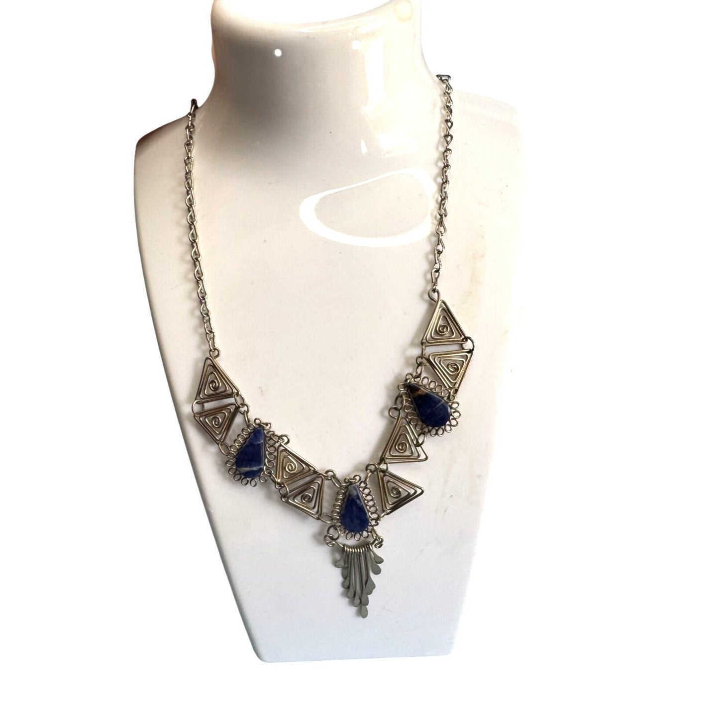 Vintage Silver Necklace Blue Lapis Lazuli Teardrops Intricate Triangle Design 18"
