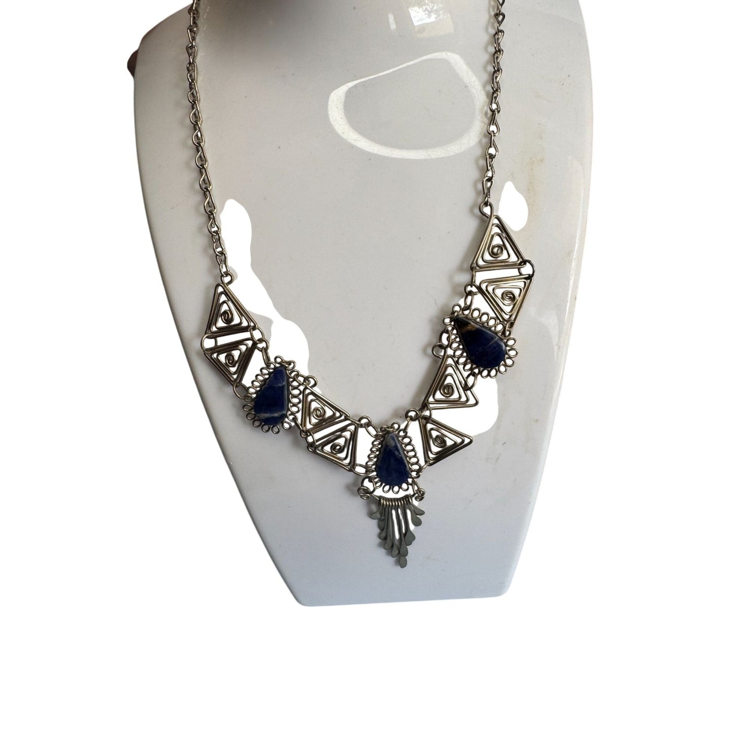 Vintage Silver Necklace Blue Lapis Lazuli Teardrops Intricate Triangle Design 18"