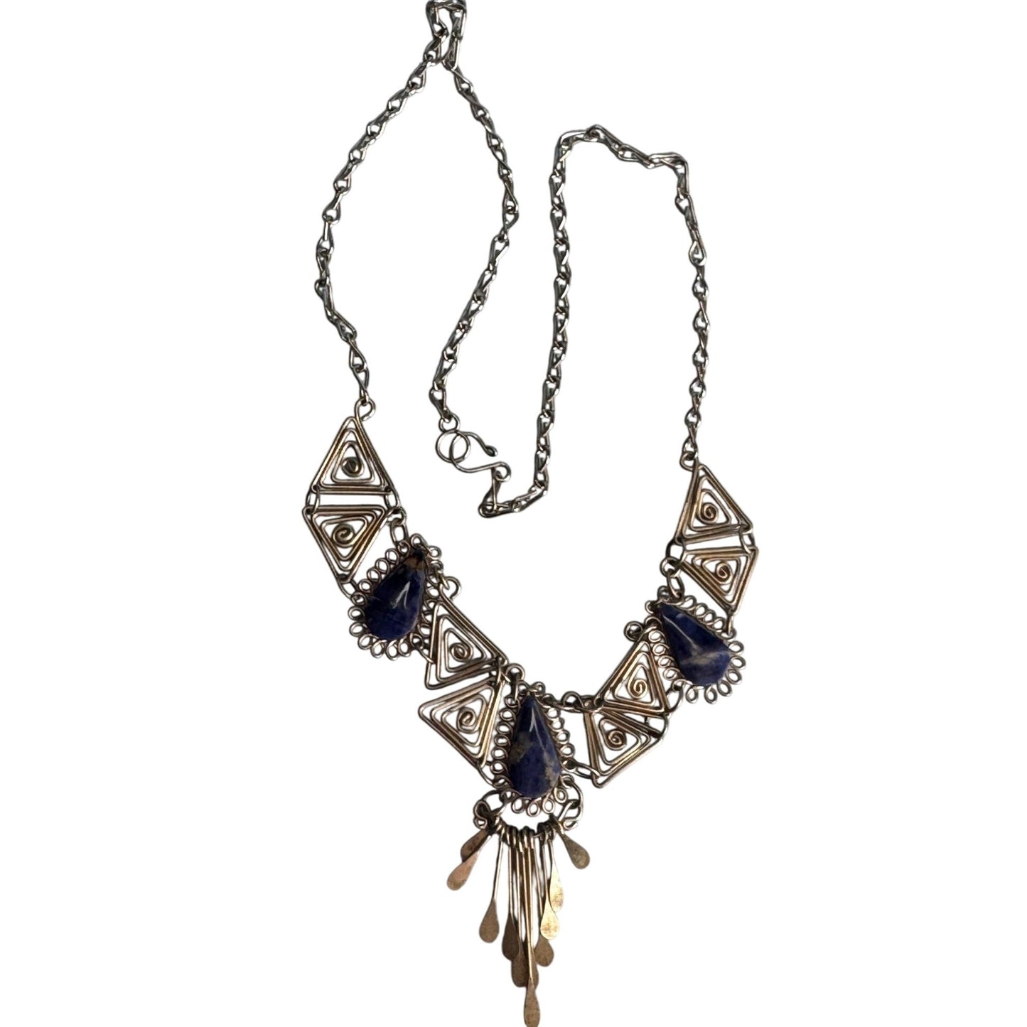 Vintage Silver Necklace Blue Lapis Lazuli Teardrops Intricate Triangle Design 18"