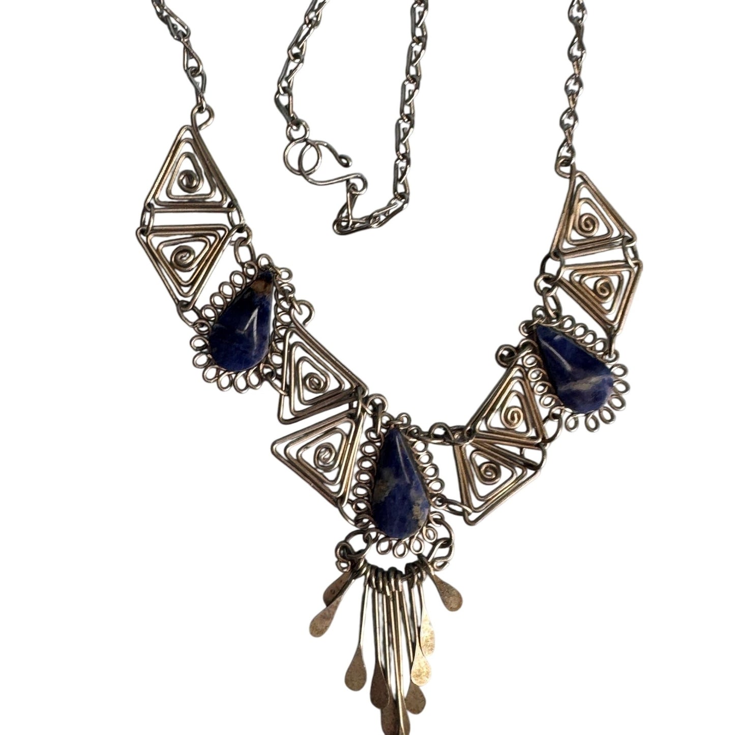 Vintage Silver Necklace Blue Lapis Lazuli Teardrops Intricate Triangle Design 18"